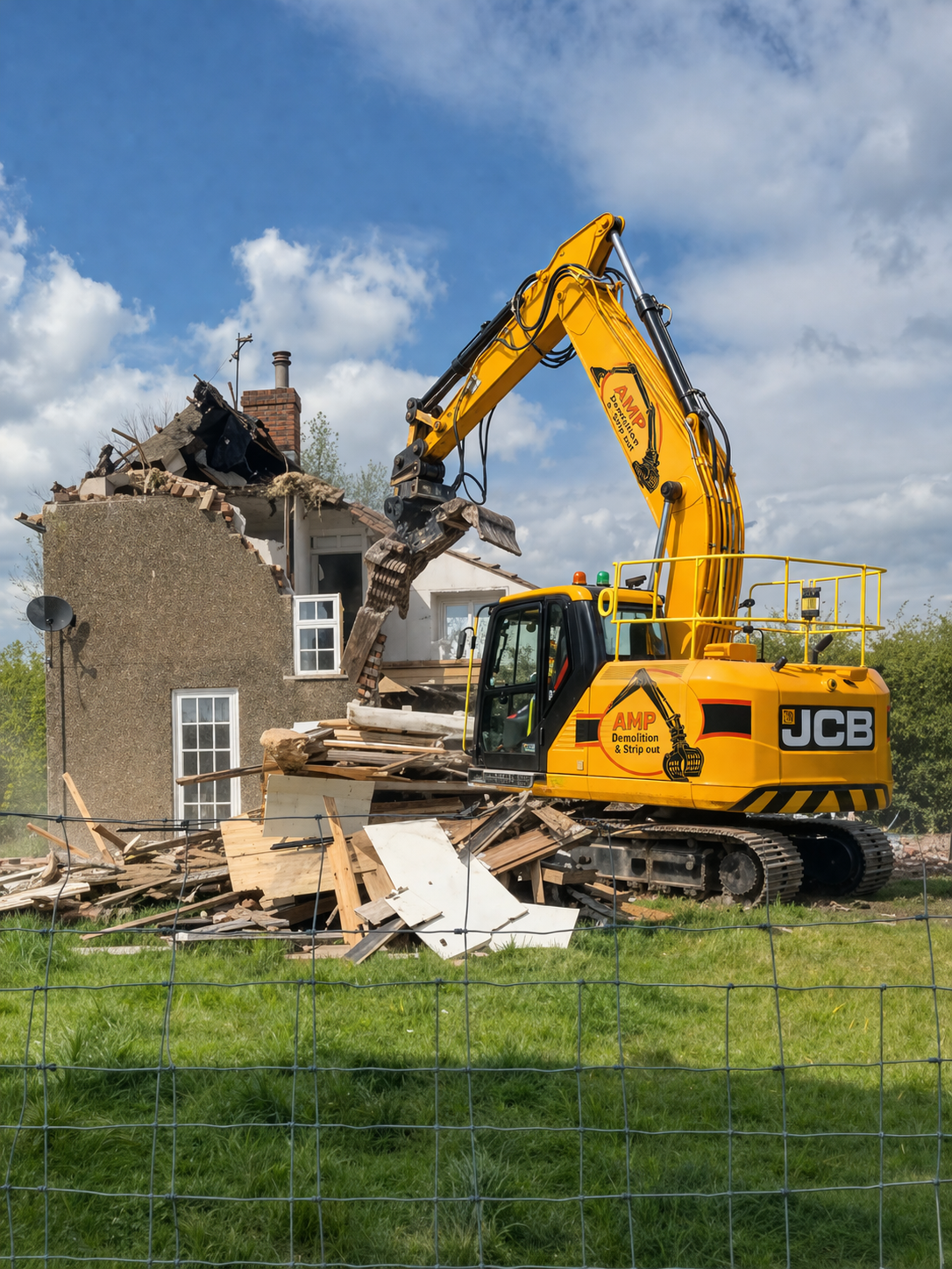 A yellow JCB excavator demolishing a small house. The house is partially torn down, with debris and wooden planks scattered around. The sky is partly cloudy, and there is a green grassy area in the foreground.