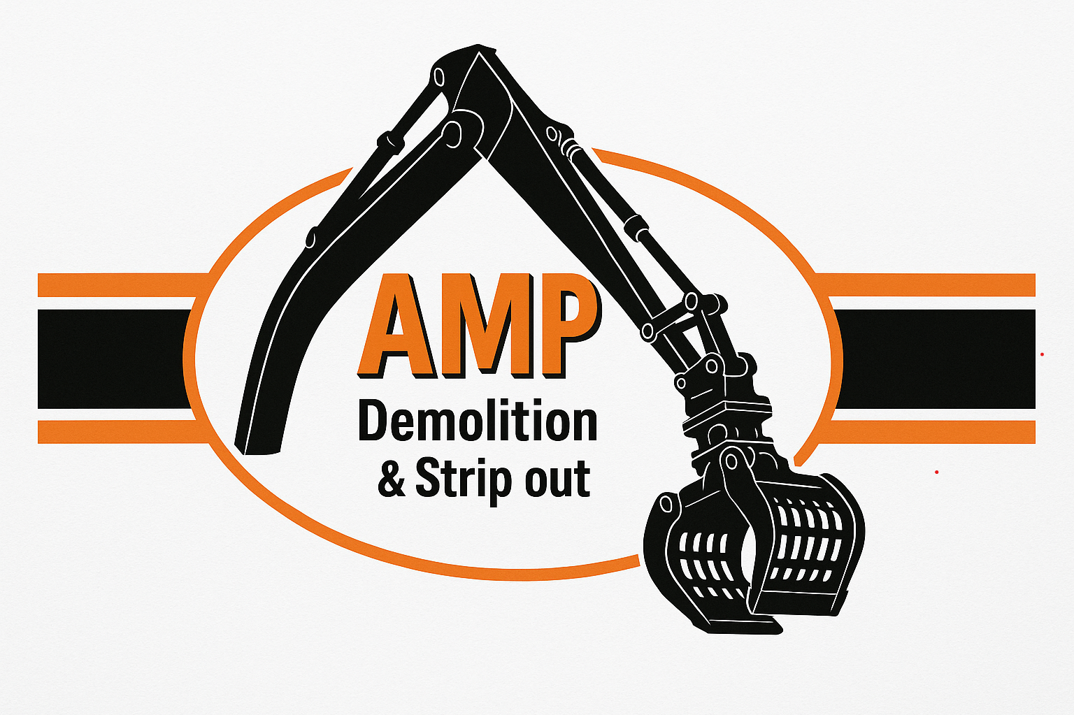Logo for AMP Demolition & Strip Out featuring an illustration of a black excavator arm and bucket with orange and black text.