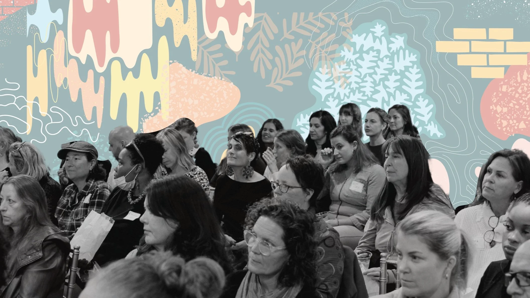 A group of women attending a conference or seminar, seated and listening attentively, with a colorful abstract mural in the background.