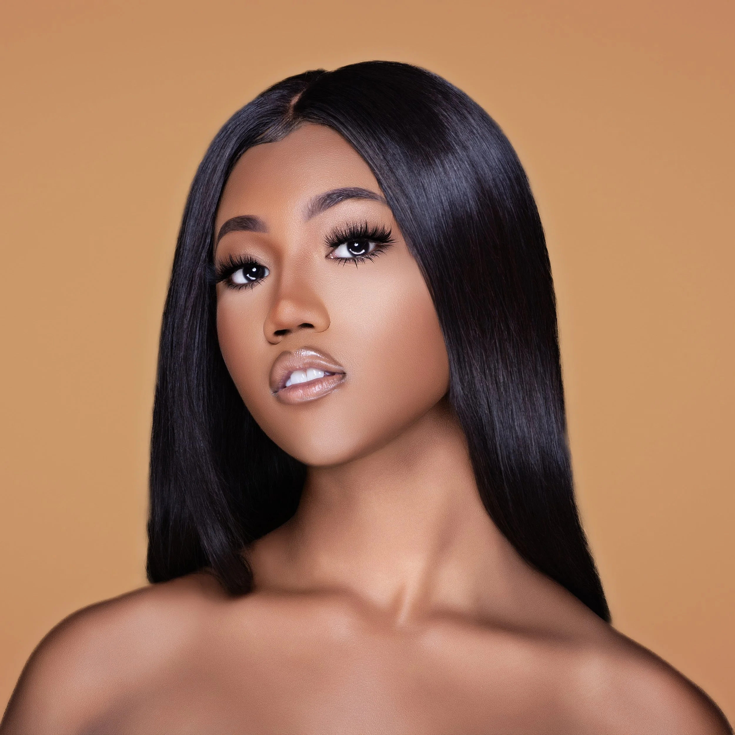 Close-up of a woman with straight black hair and smooth skin against a beige background. Cleveland Photographer. Cleveland Portrait Photographer