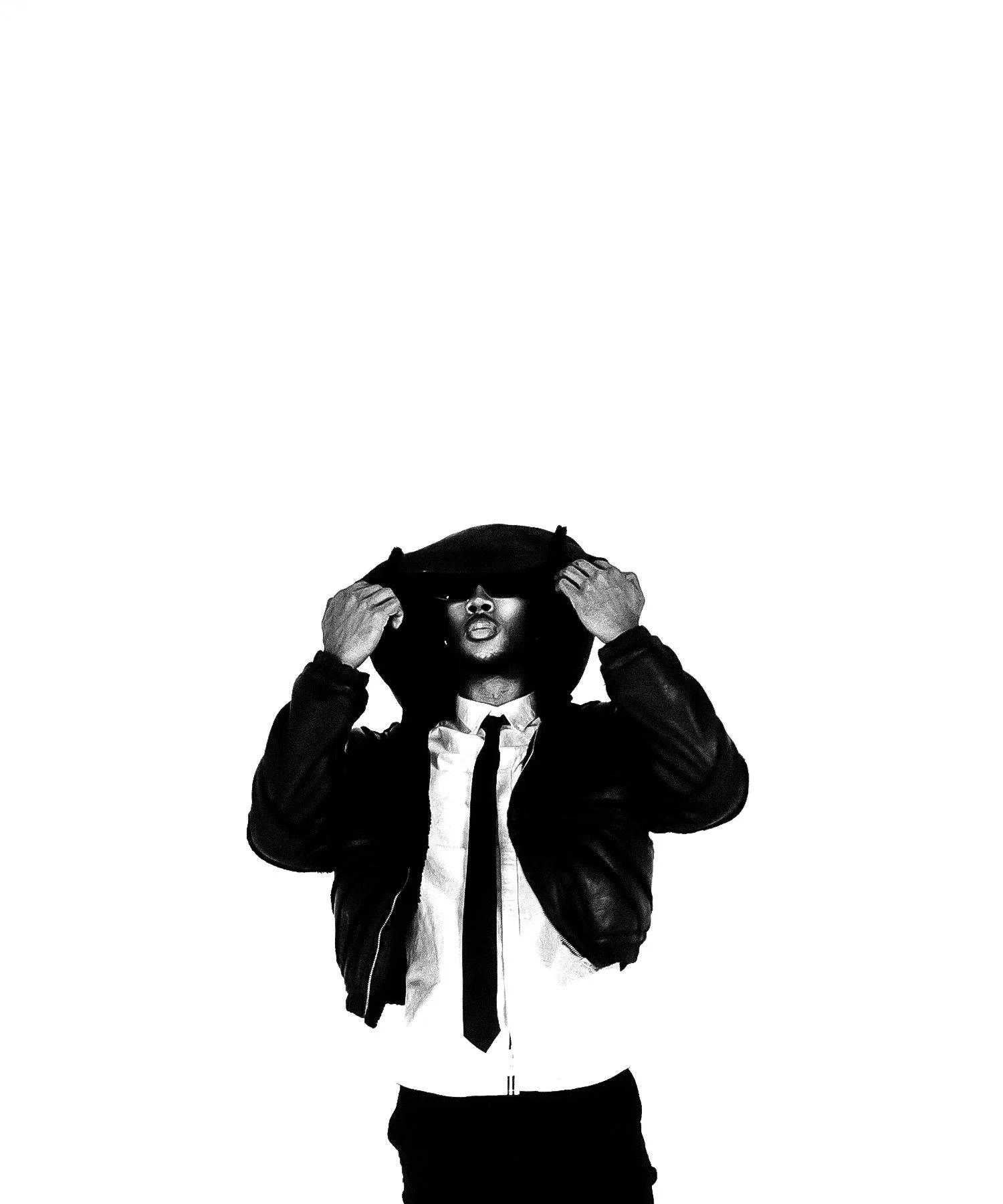 A person wearing a black hoodie, black jacket, and white shirt, with the hoodie pulled over their head, partially obscuring their face and sunglasses. Cleveland Photographer. Cleveland Portrait Photographer