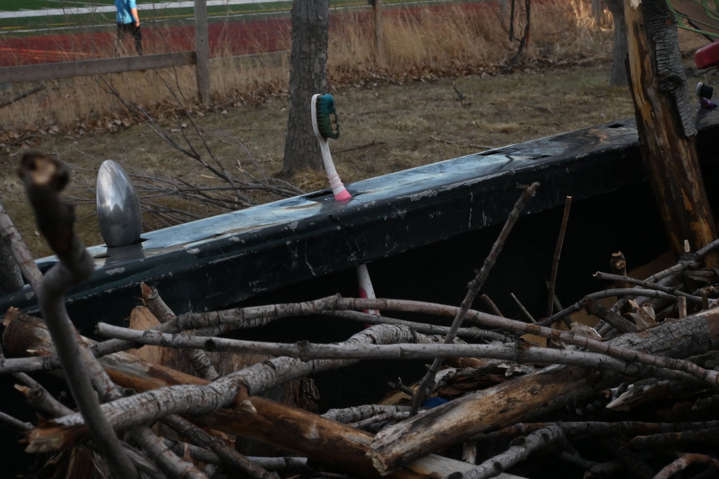 A toothbrush for Randall Sorensen's chainsaw on his truck in Boulder, Colorado on March 15, 2022. (Photo by Colette Czarnecki)