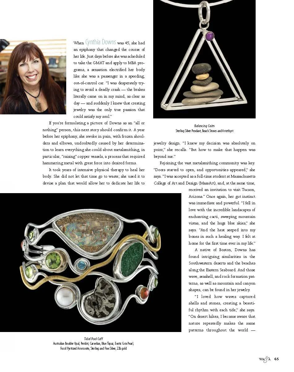 An illustrated page from a magazine featuring a woman with red hair, a pendant with beach stones and amethyst, and a silver bracelet with various stones and shells.