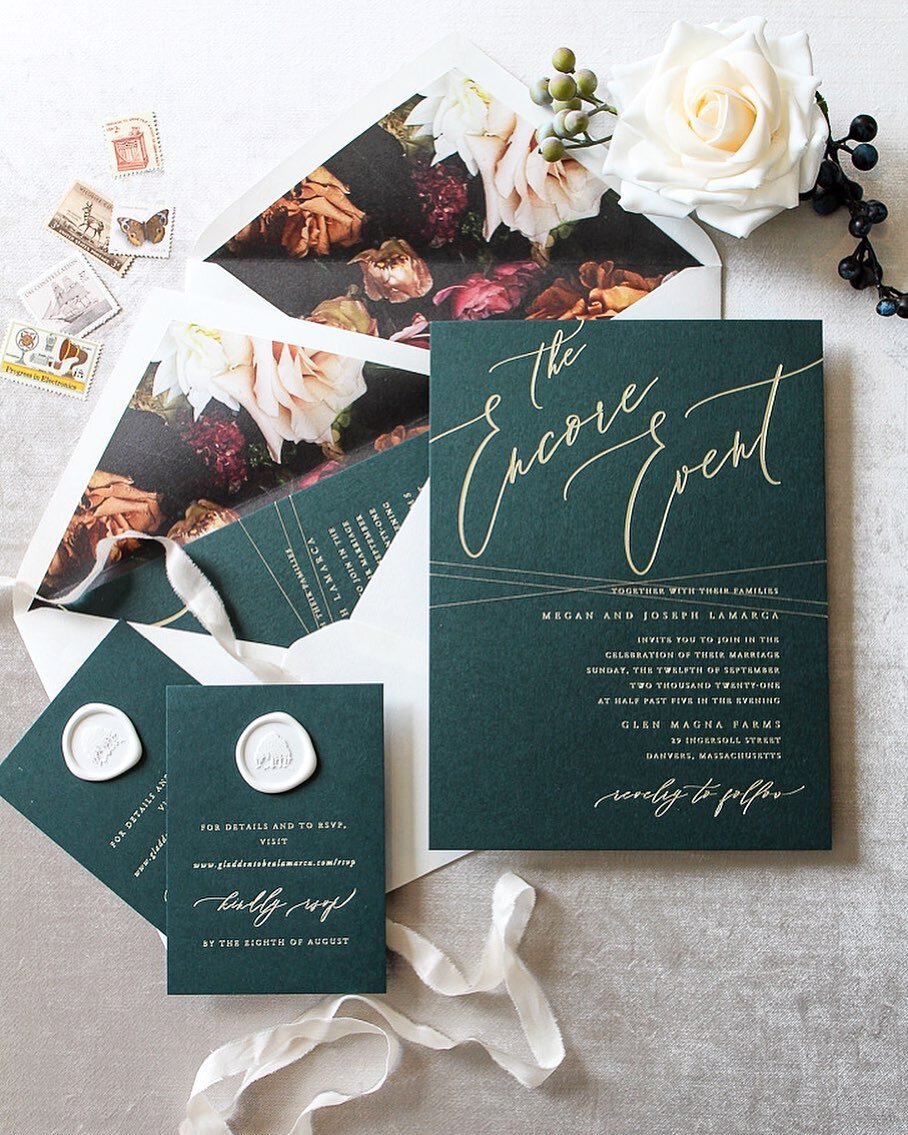 the perfect way to kick off the week 💚 a little personality in the wording, an elegant design, classic wax seal accents, ✨ &amp; that dramatic liner!  special thanks to @bostonpollen (and @whimevents) for letting us commission her stunning one of a 