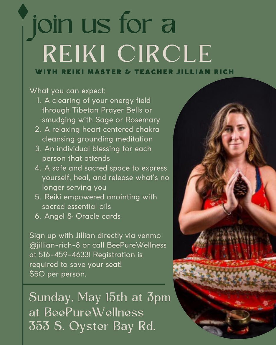 Interested in participating in a reiki circle? Join Reiki Master Jillian Rich on May 15th!
This is a great opportunity to experience Reiki for the first time!
Jillian Rich is BeePureWellness&rsquo; in house Master Level Reiki Practitioner and Trainer