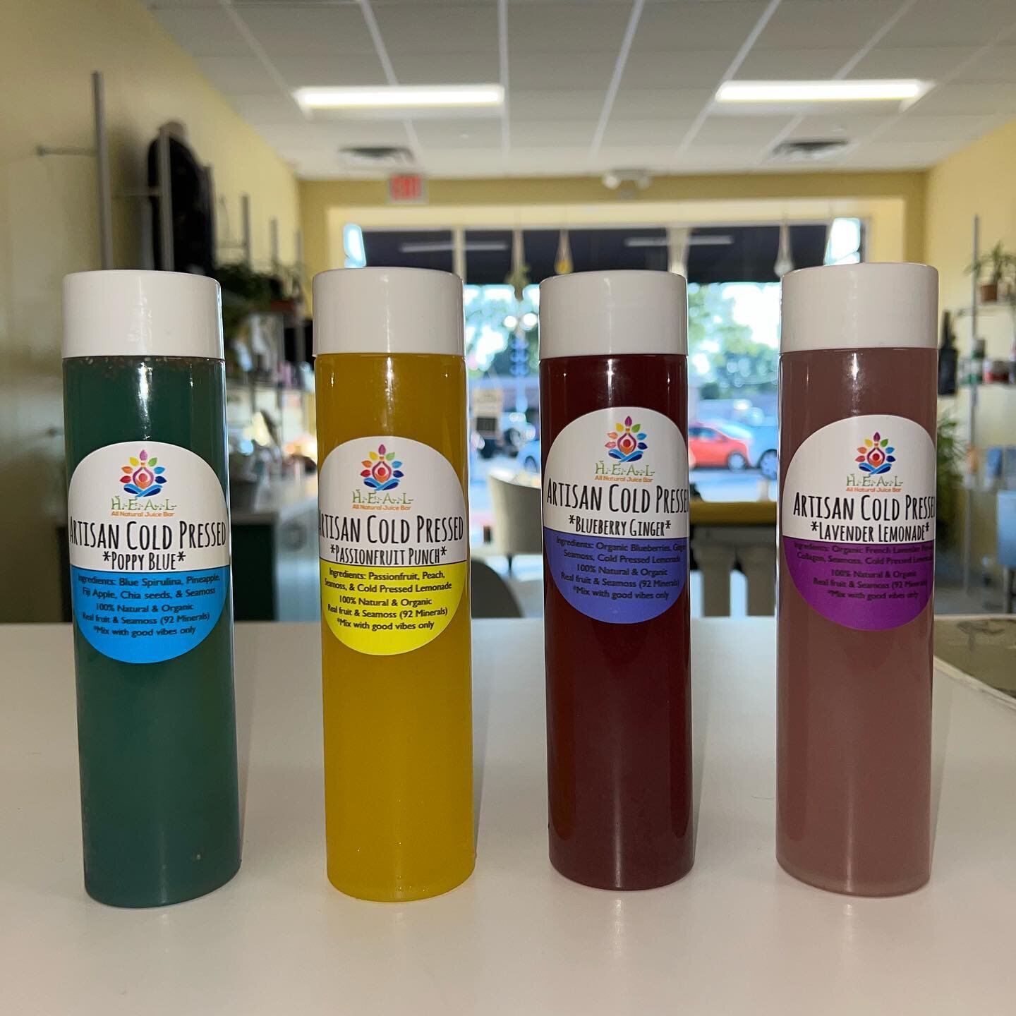 Calling all juice lovers! The amazing cold pressed juices by @healjuicebar are back in stock! 🥳 We have Poppy Blue, Passionfruit Punch, Blueberry Ginger, &amp; Lavender Lemonade! Swipe right to see a possible new flavor &amp; new bottle design avail