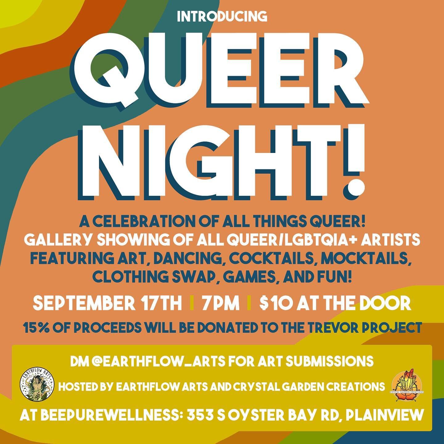 We are so excited to announce that Queer Night has been rescheduled!! 🌈 
Queer Night includes a gallery showing of all Queer/LGBTQIA+ artists with dancing, drinks, socializing, clothing swap, and fun!
Hosted by @earthflow_arts and @crystal_garden_cr