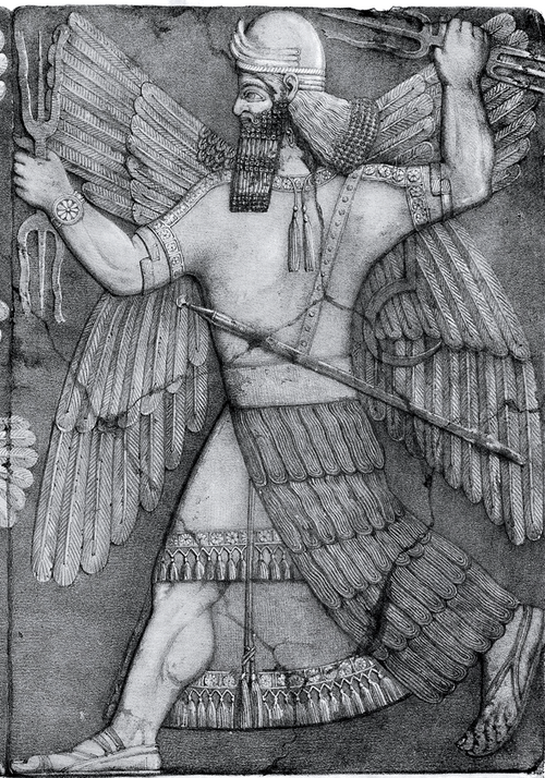 Assyrian stone relief from the temple of Ninurta at Kalhu, showing the god with his thunderbolts pursuing Anzû, who has stolen the Tablet of Destinies from Enlil's sanctuary.