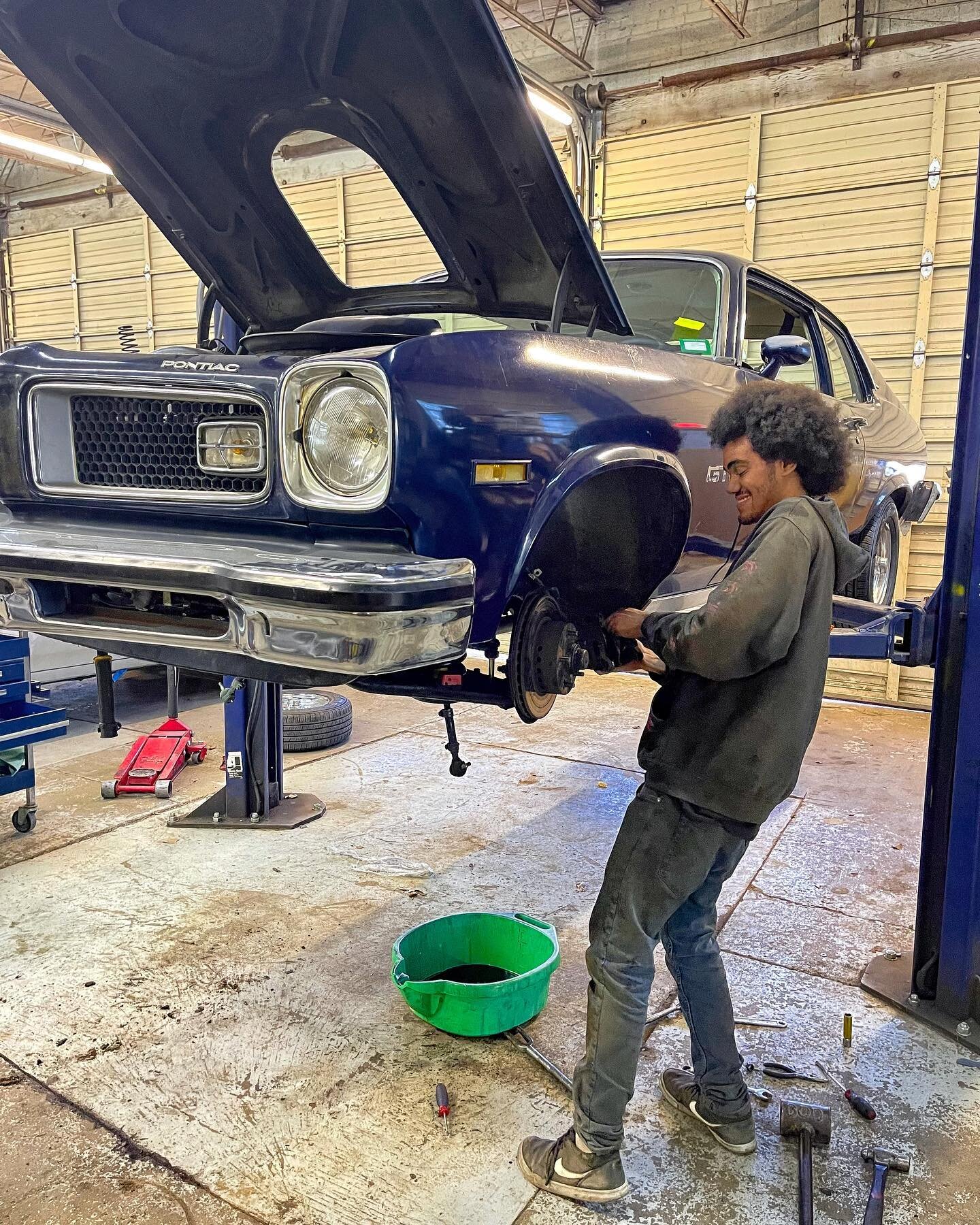 Darian working on the brakes on this 1974 Pontiac GTO we have in the shop. We are flushing all fluids, installing new rubber brake lines and upgrading the suspension. 

&bull;
&bull;
&bull;
#pontiac #gto #dfwspeedshop #pontiacgto #gtonation #autoshop