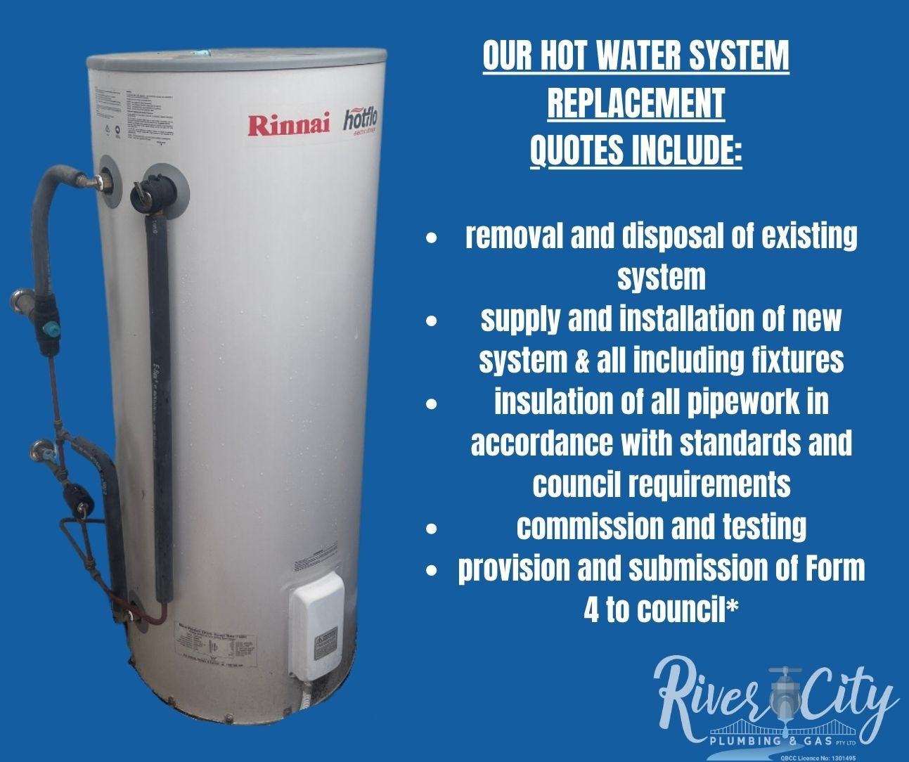 🚿 Hot Water System replacement...what do our quotes include?

💦removal and disposal of existing system
💦supply and installation of new system &amp; all including fixtures
💦insulation of all pipework in accordance with standards and council requir