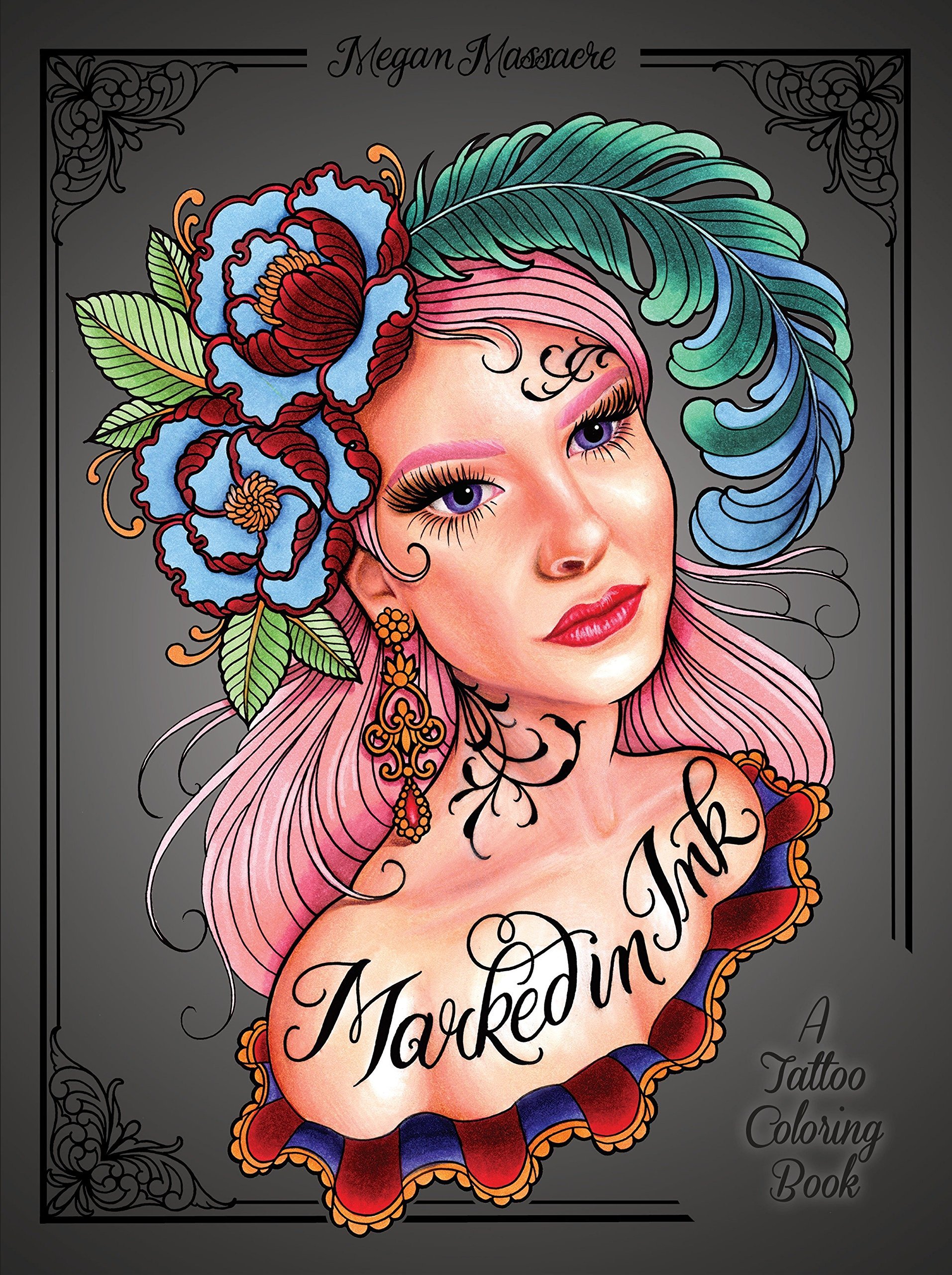 An adult coloring book featuring tattoo artist Megan Massacre's sugar skulls, sailing ships, mermaids, owls, and more. 