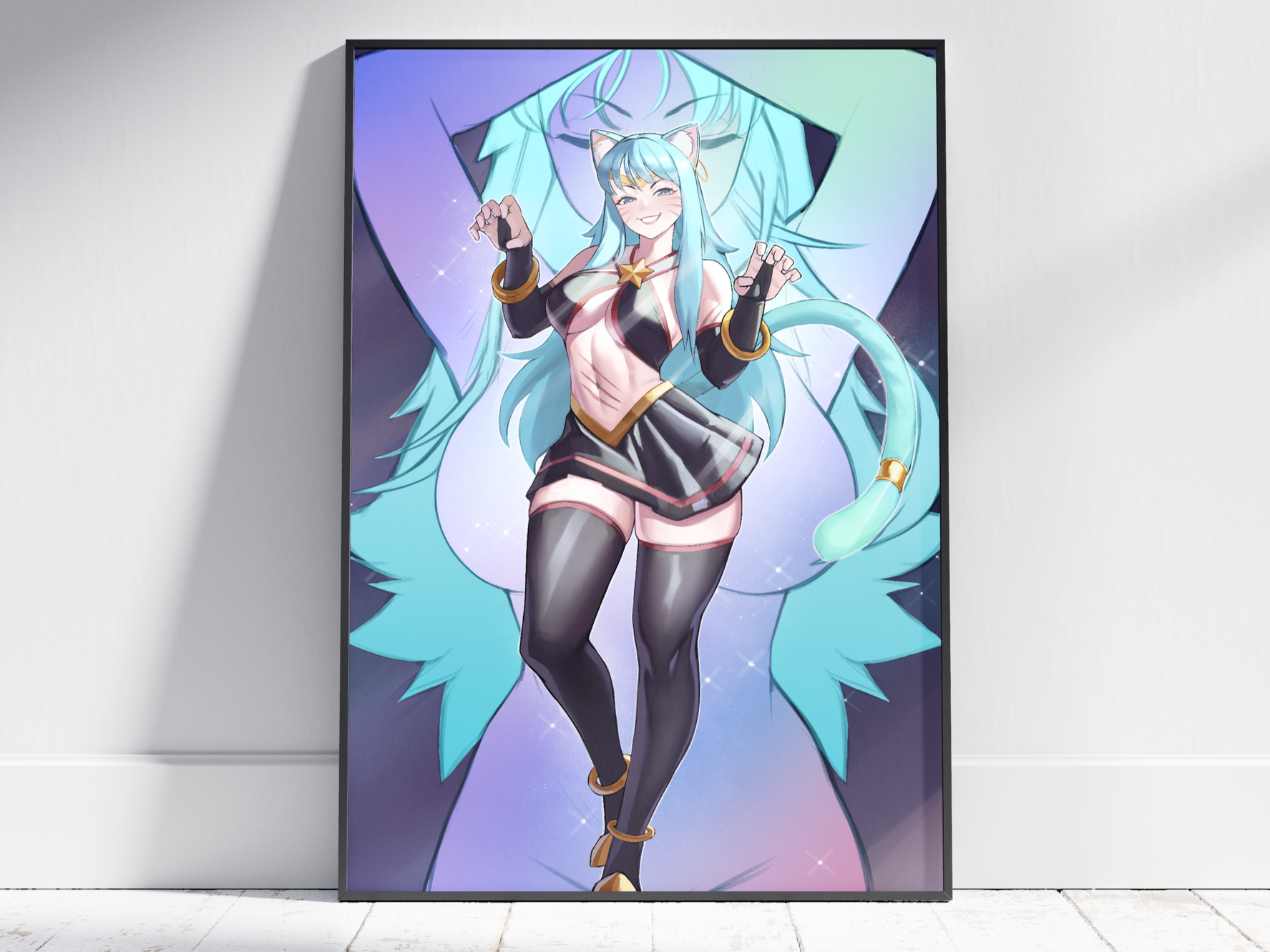 Anime-style illustration of a female character with cat ears, long aqua hair, and a fluffy tail, dressed in a revealing outfit, smiling and making playful gestures.