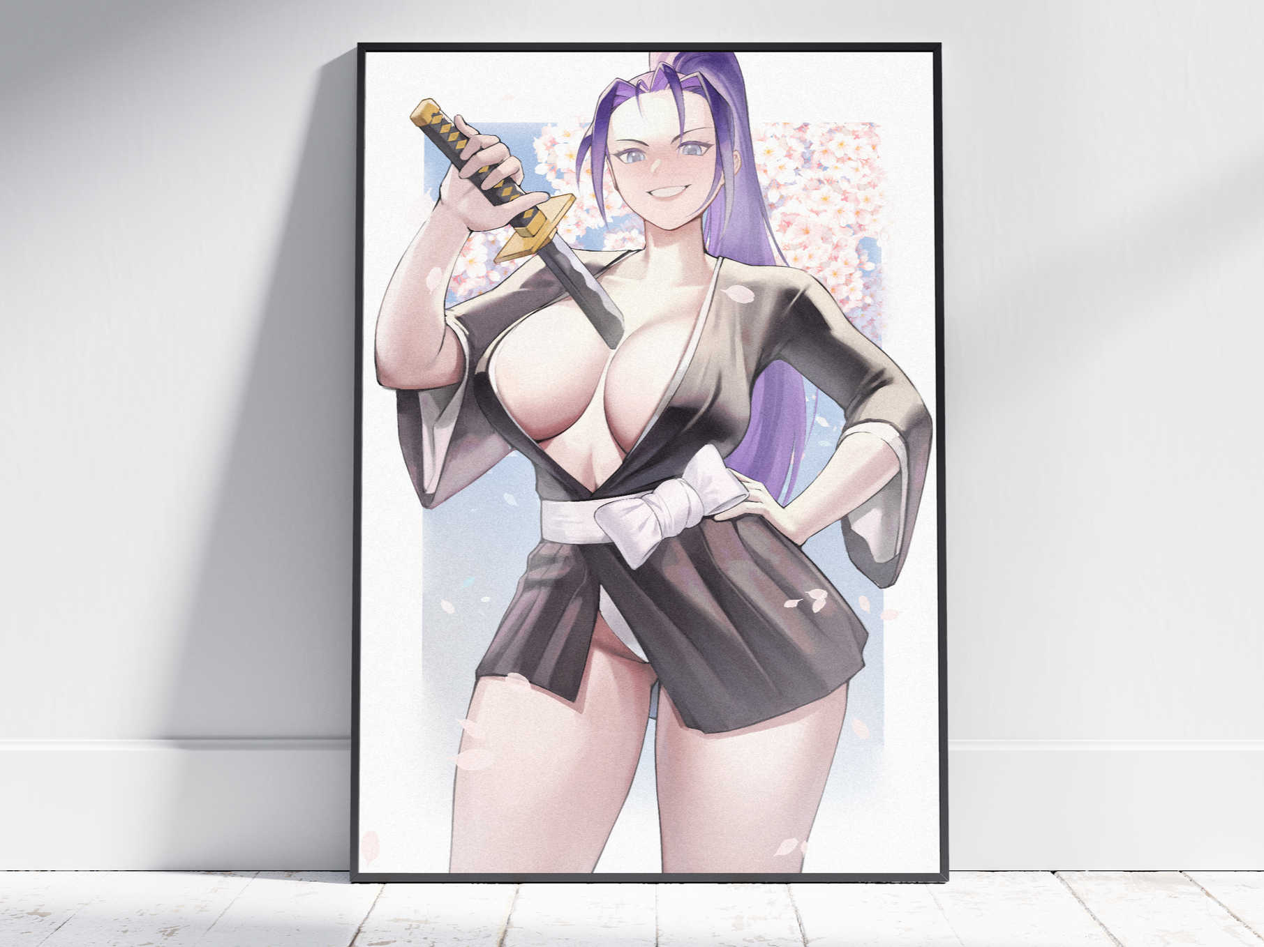 Anime-style illustration of a woman with long purple hair, wearing a black kimono with a white sash, holding a sword, and smiling.