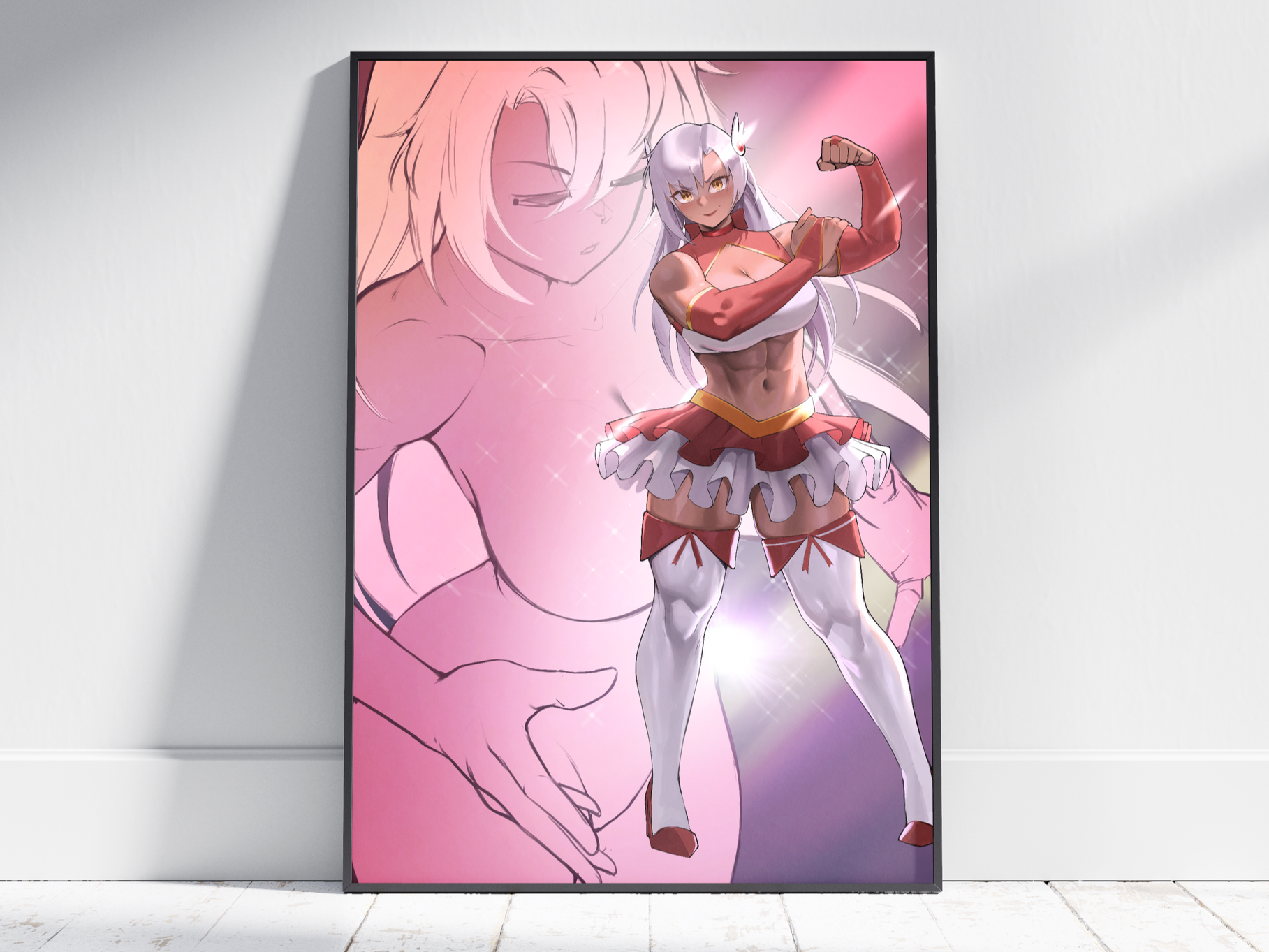Anime-style illustration of a muscular female character with silver hair, wearing a cheerleader outfit with a short skirt and thigh-high stockings, flexing her arm in a confident pose.
