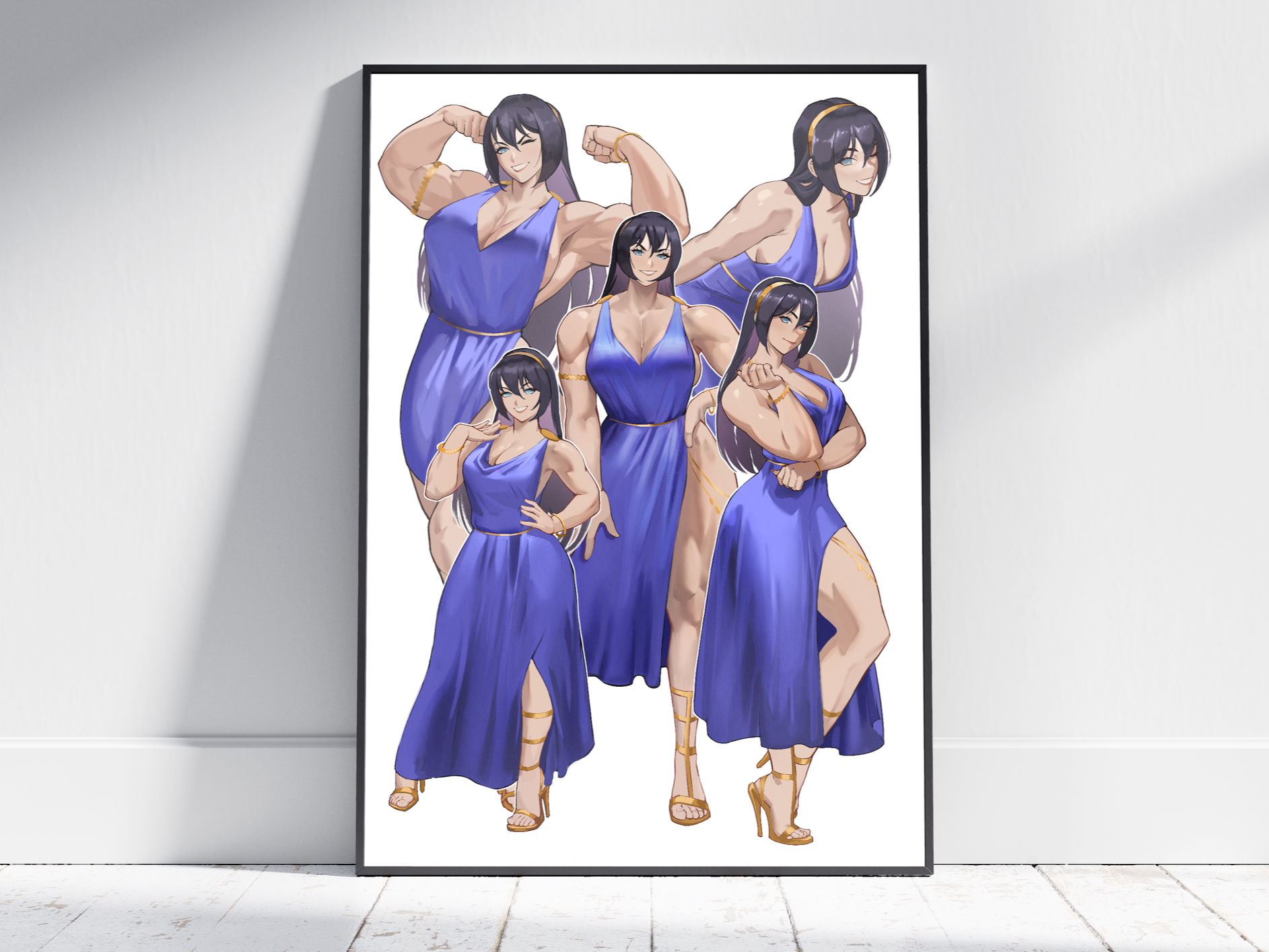 A digital illustration of a woman with multiple versions of herself in various poses, all wearing a long, flowing blue dress with gold accessories.