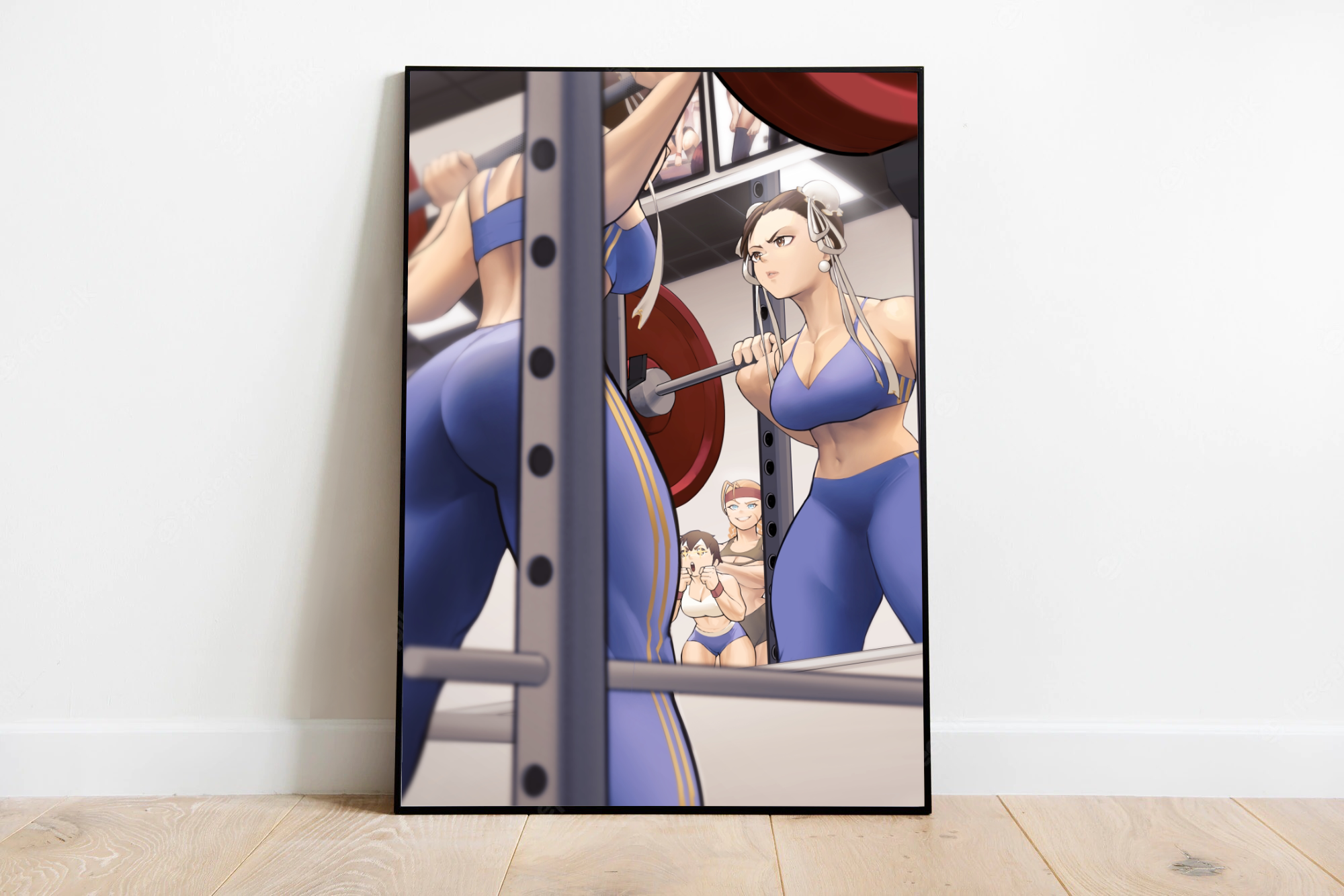 Animated woman with brown hair in a ponytail lifting a barbell in a gym, seen through a mirror, with three other women in the background.