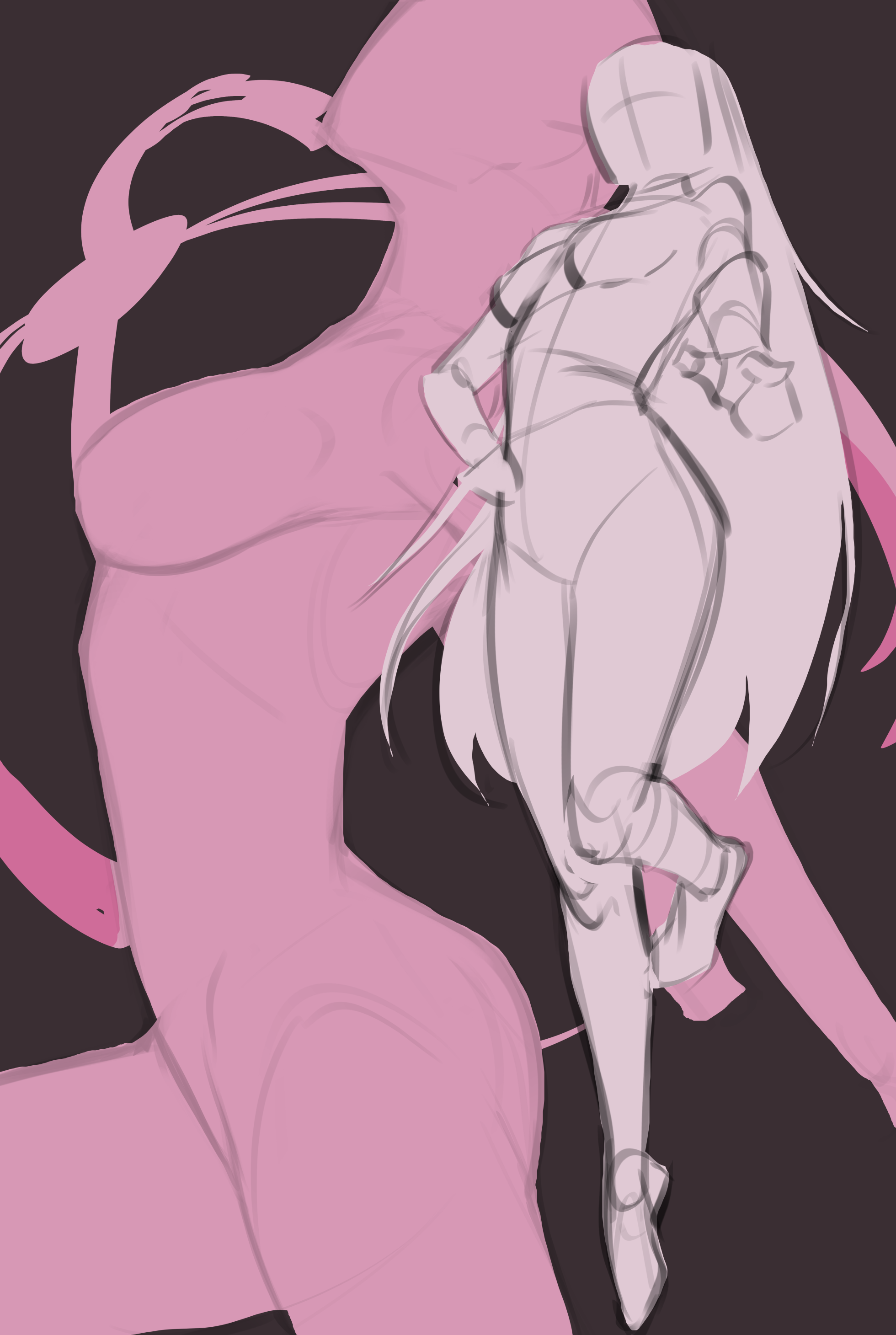 A sketch of a female character with long hair, wearing a short top and shorts, leaning on a large pink creature with horns and a tail.