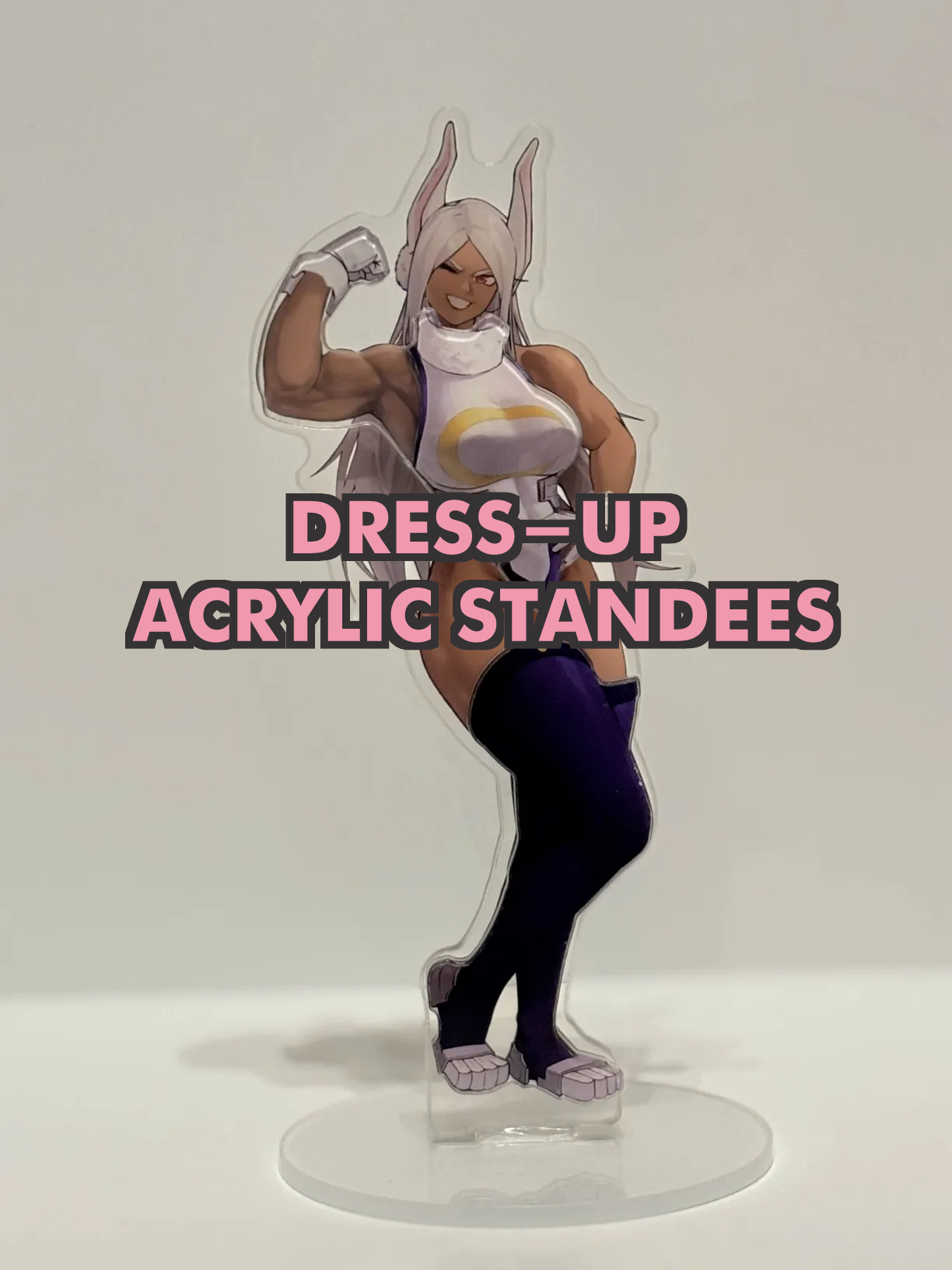 A colorful acrylic standee of a female character with animal ears, wearing a futuristic outfit and thigh-high boots, flexing her arm with a confident expression.