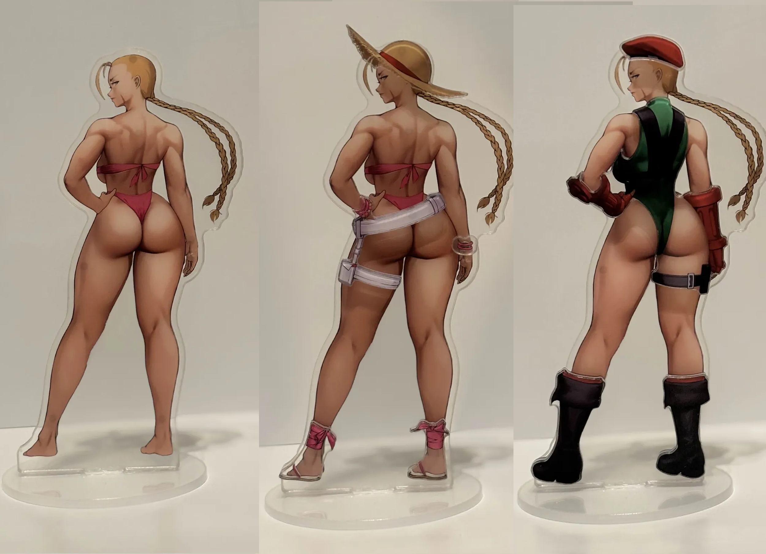 Three illustrated female characters with different outfits and accessories, viewed from the back, standing on clear bases.