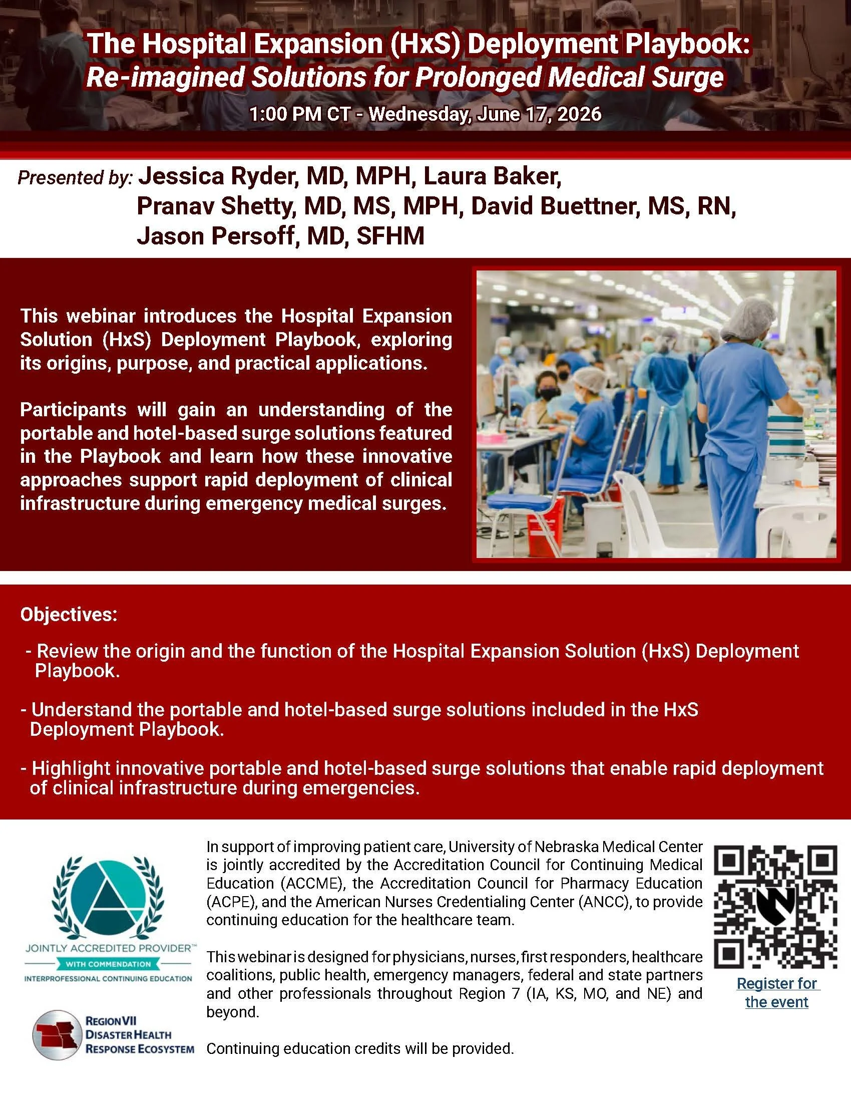 Webinar flyer for “Hospital Expansion (HxS) Deployment Playbook,” June 17, 2026, featuring presenters, objectives on surge capacity solutions, a clinical setting photo, and registration details.