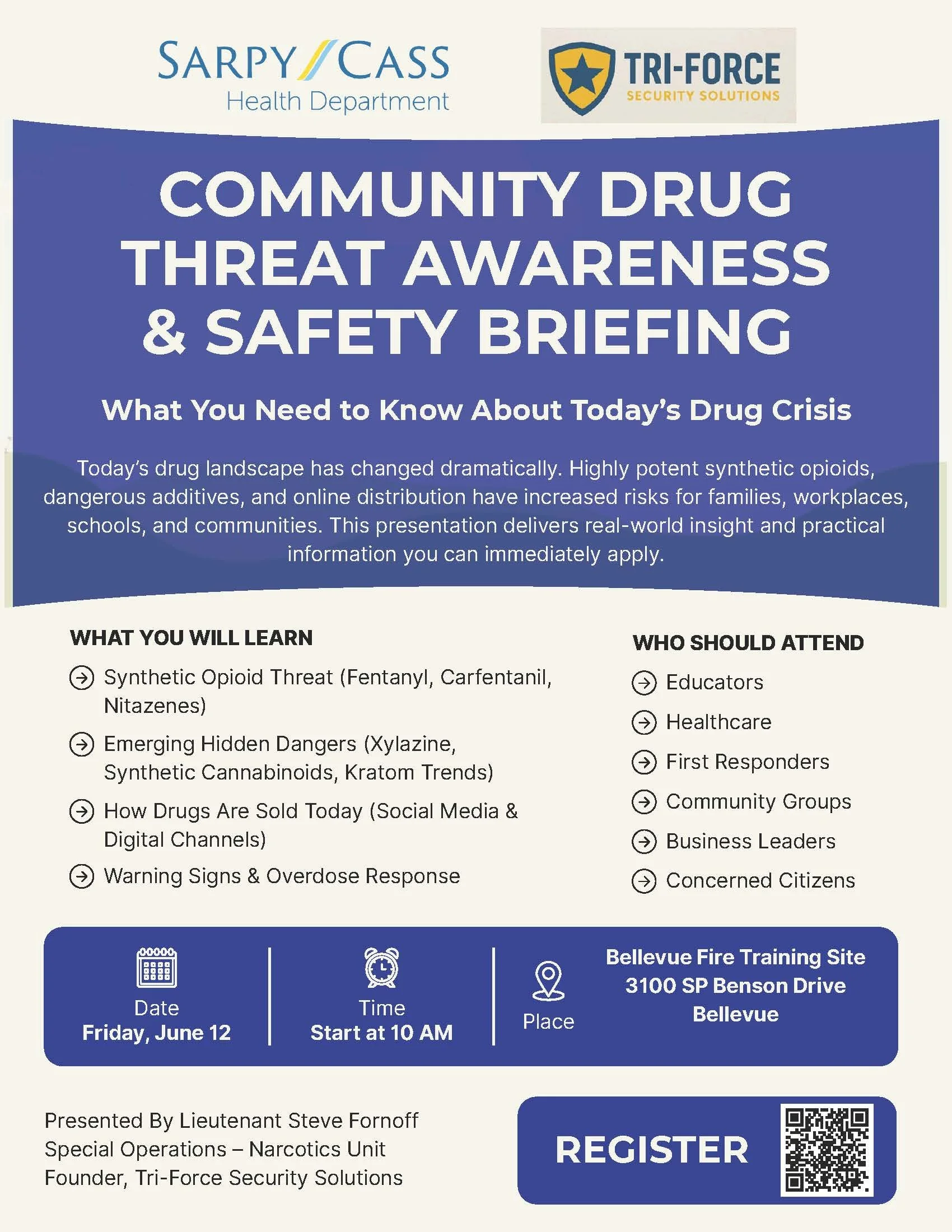 Flyer for a Community Drug Threat Awareness & Safety Briefing on June 12 at 10 AM in Bellevue, with a QR code to register.