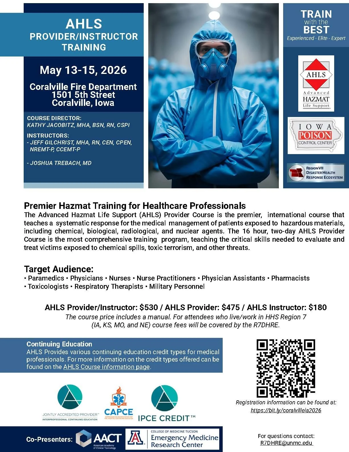 Flyer for AHLS Provider/Instructor Training, May 13–15, 2026, at the Coralville Fire Department in Coralville, Iowa, featuring a healthcare worker in full hazmat protective gear and course details for healthcare professionals.