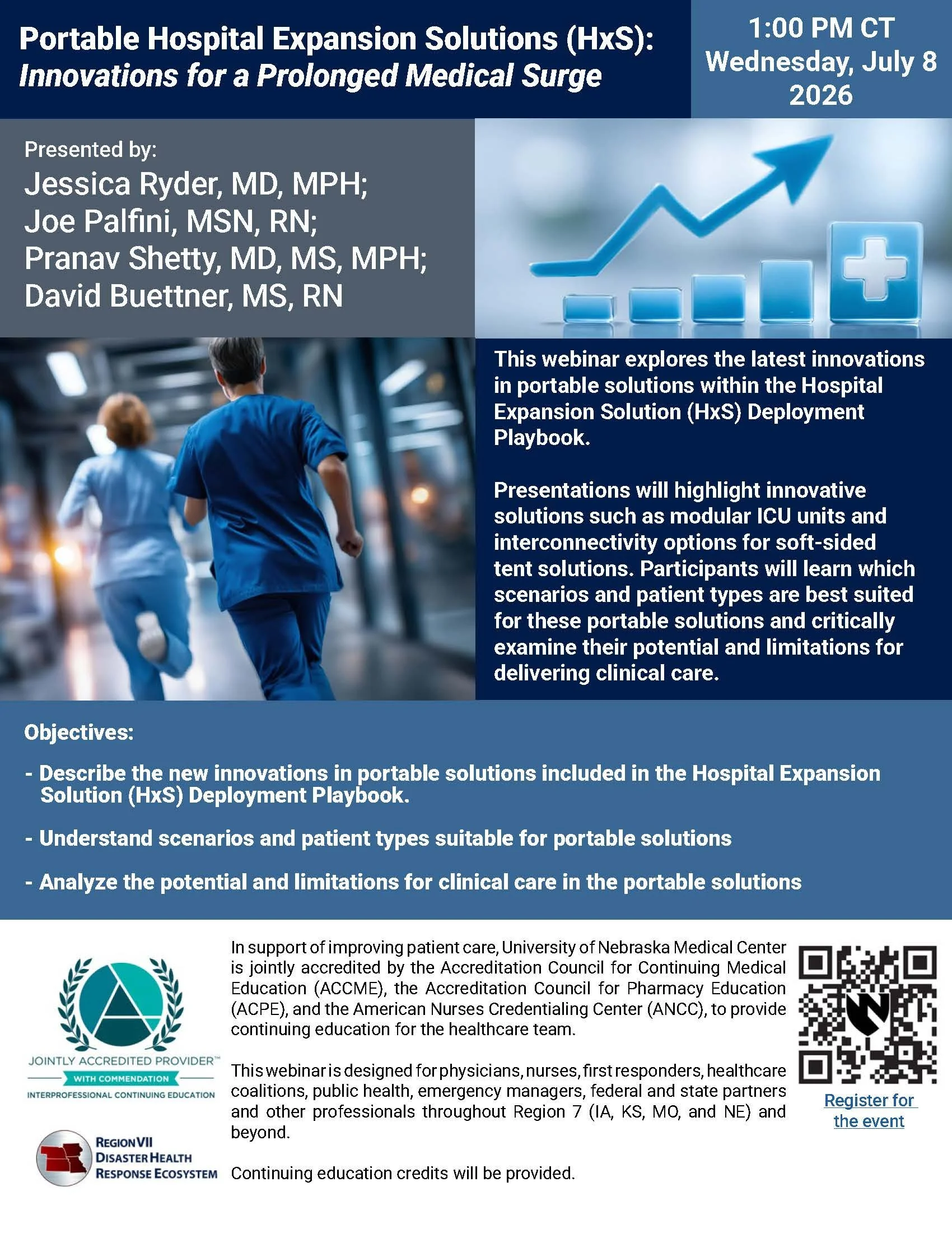 Webinar flyer for “Portable Hospital Expansion Solutions (HxS),” July 8, 2026, featuring presenters, innovation overview, and healthcare imagery with registration info.