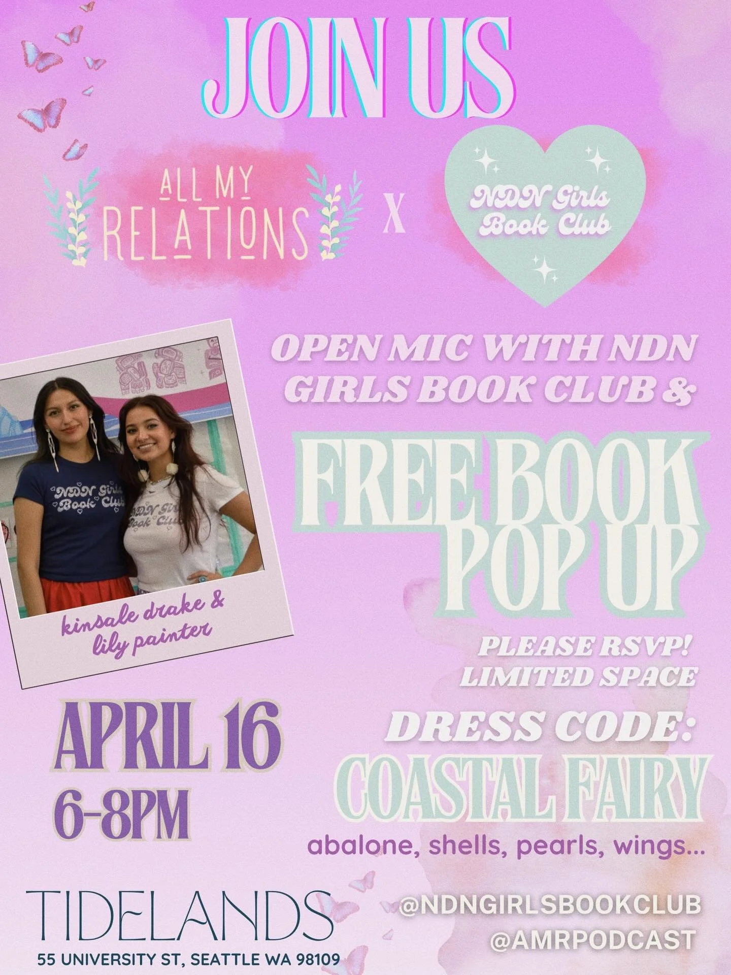 Join us for a free youth book pop-up with All My Relations Book Club + NDN Girls Book Club followed by an open mic hosted by Kinsale Drake and Lily Painter.

Come dressed as a coastal fairy 🌊🧚🏽&zwj;♀️ for an evening centered on Indigenous voices, 