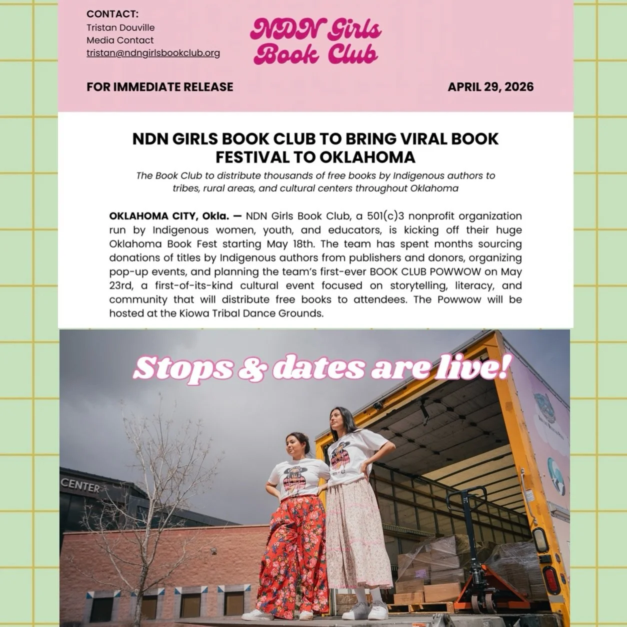 Stops and dates are live! Read the press release on our website: https://ndngirlsbookclub.org/news/ndn-girls-book-club-to-bring-viral-book-festival-to-oklahoma

See you there! ✨💗💅 OKLAHOMA HERE WE COME!!

May 18th-26th, 2026
OKLAHOMA BOOK FEST
Feat