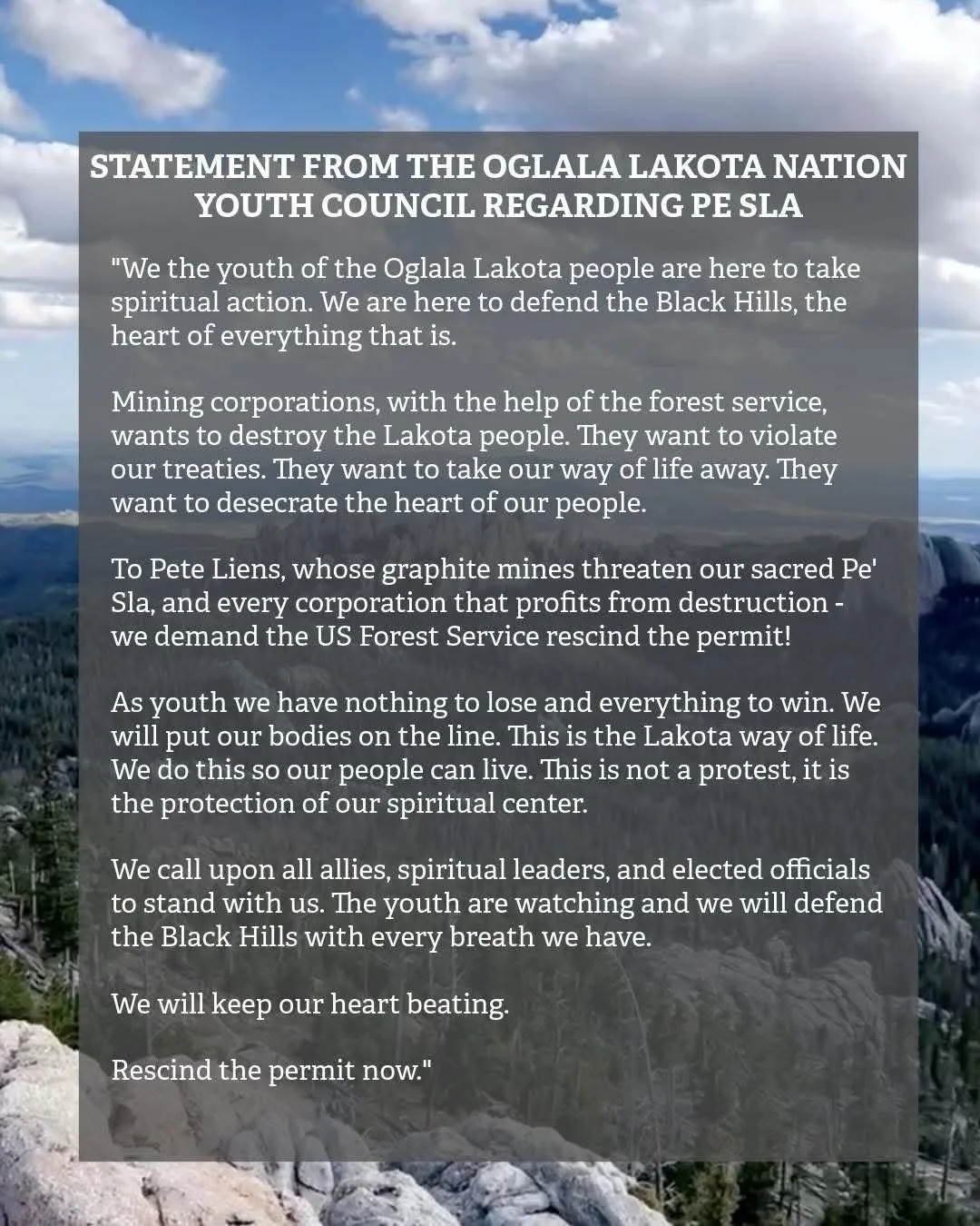 @oln.yc Statement of the Oglala Lakota Nation Youth Council regarding the recent halt of drill pads near sacred site of Pe&rsquo;sla.