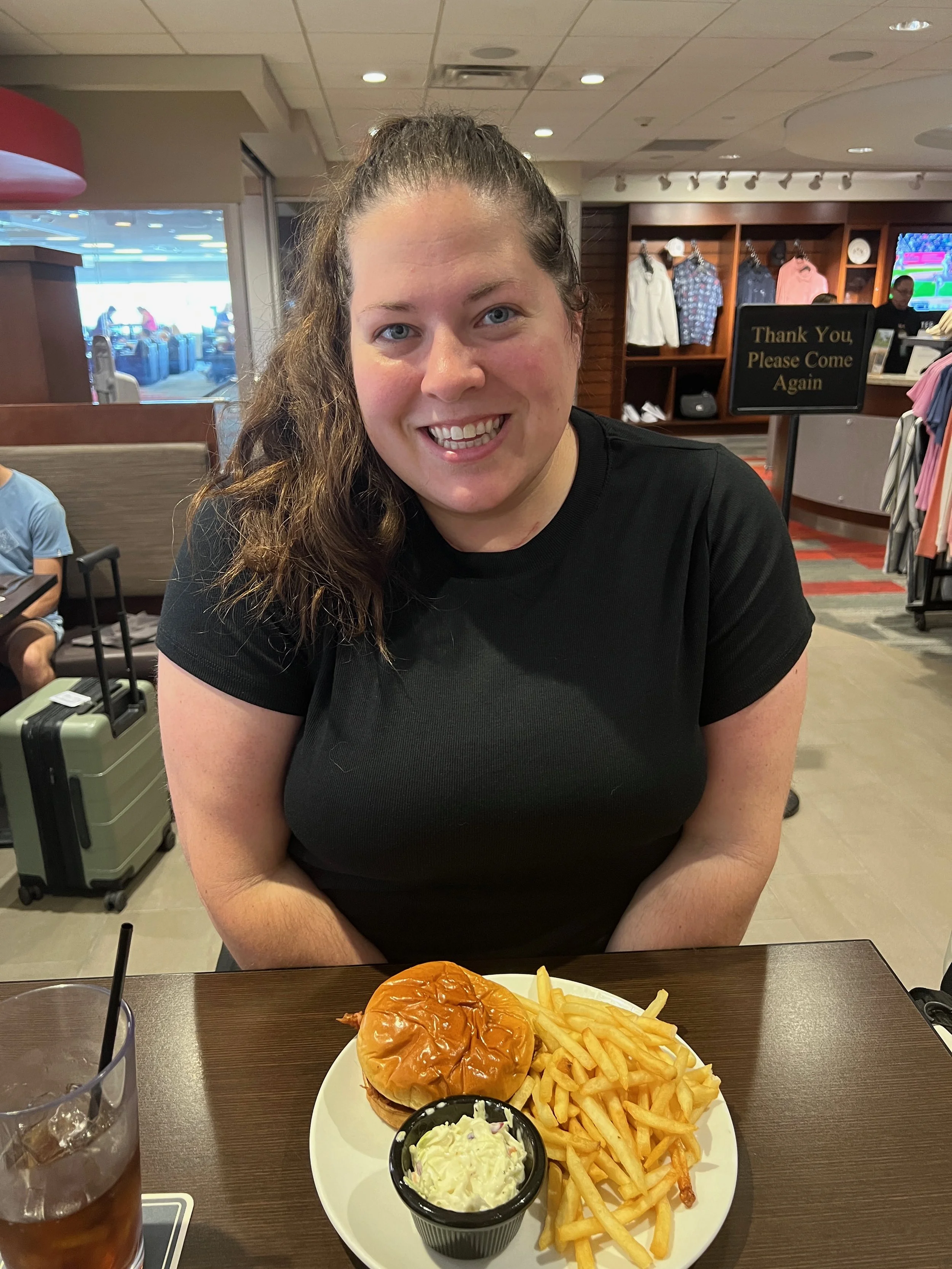 Karin at an airport lounge