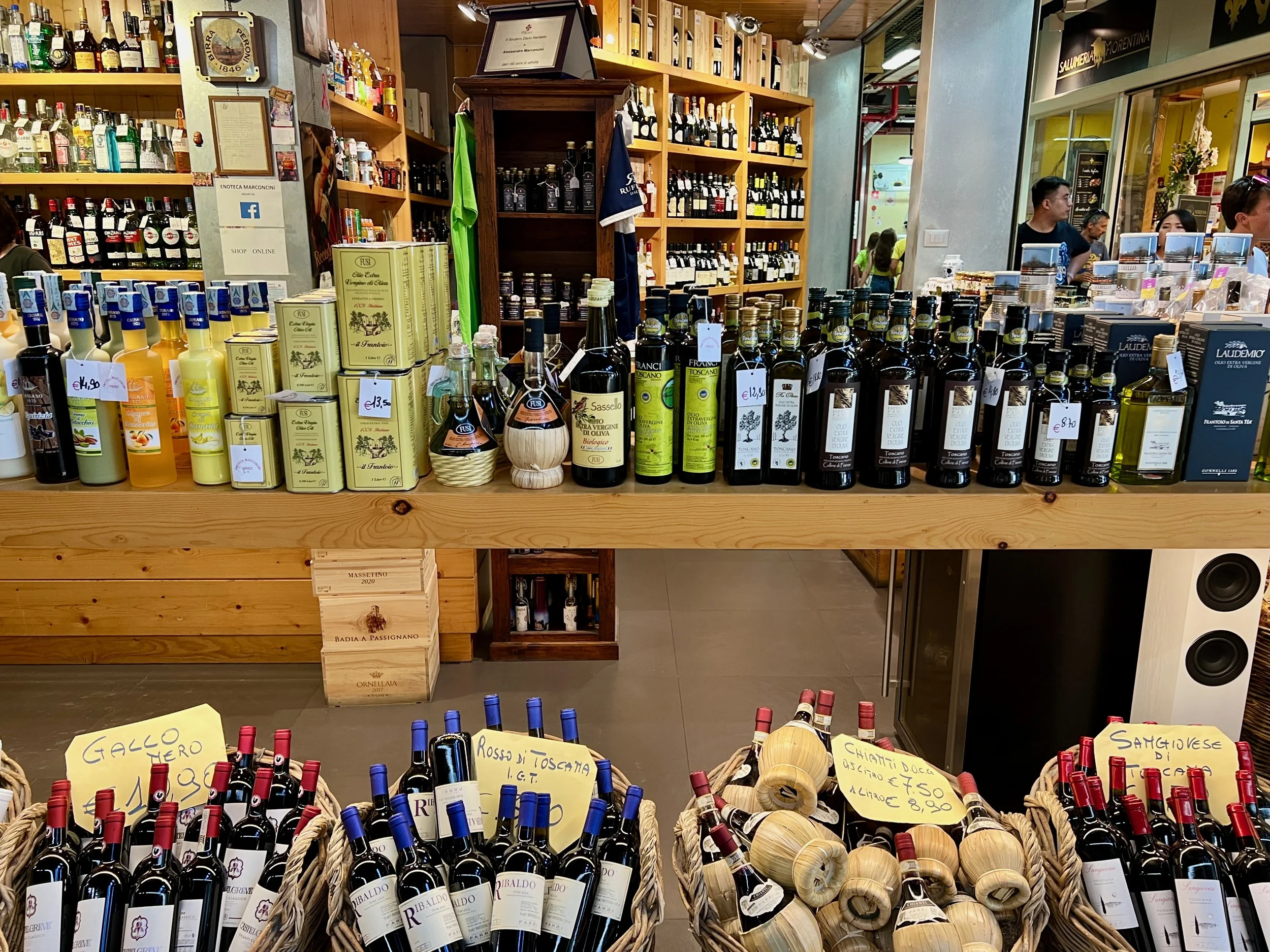 wine and olive oil at the market