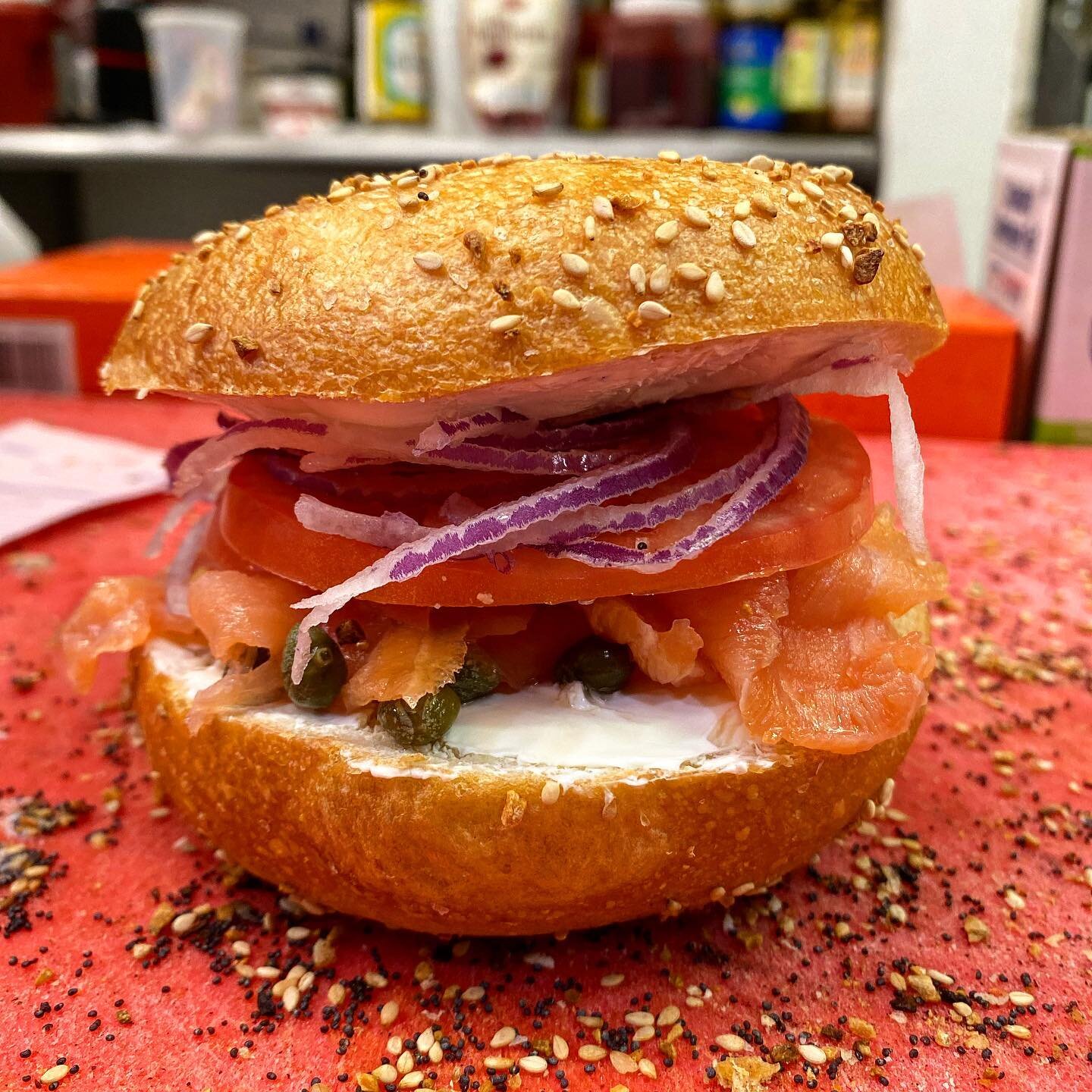 Fresh Nova Lox always hits on a Saturday morning. Have you tried the Kramer Goes On Strike? Sub in Lemon Dill Cream Cheese and you won&rsquo;t be disappointed. 

*Kramer Goes On Strike* 

📸: Sliced Nova Lox, CC, Capers, Tomato, Red Onion on a Sesame