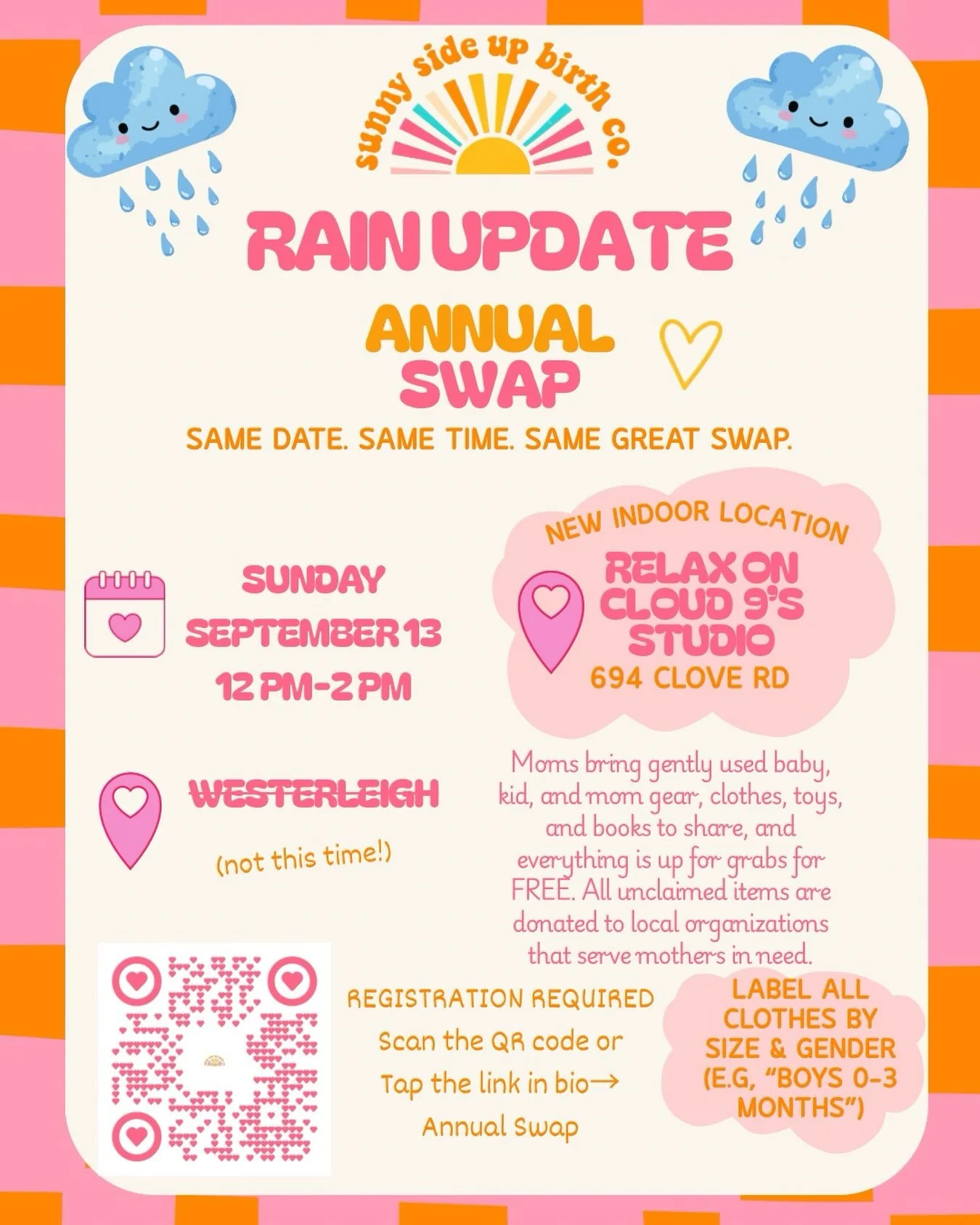 ☔️ WE&rsquo;RE MOVING INDOORS!
Same date &amp; time.

SUNDAY, SEPTEMBER 13
12 PM&ndash;2 PM

📍 NEW LOCATION:
Relax on Cloud 9&rsquo;s Studio
694 Clove Rd, Staten Island
(across the street from the Staten Island Zoo!)

A HUGE thank you to our friends