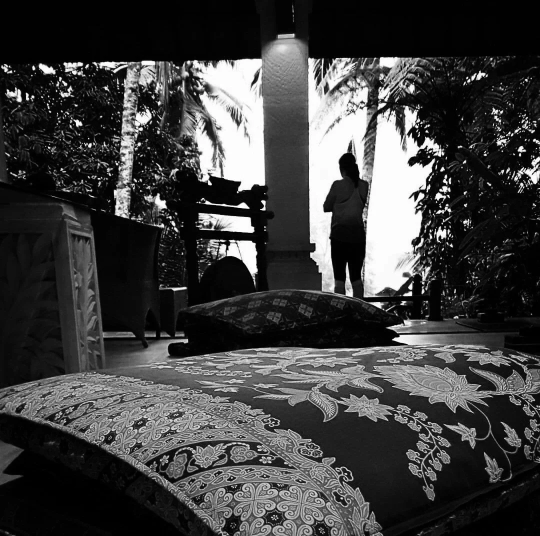 Silhouettes of two people standing on a porch, with tropical foliage outside. The photo is in black and white, with a bed and pillows in the foreground.