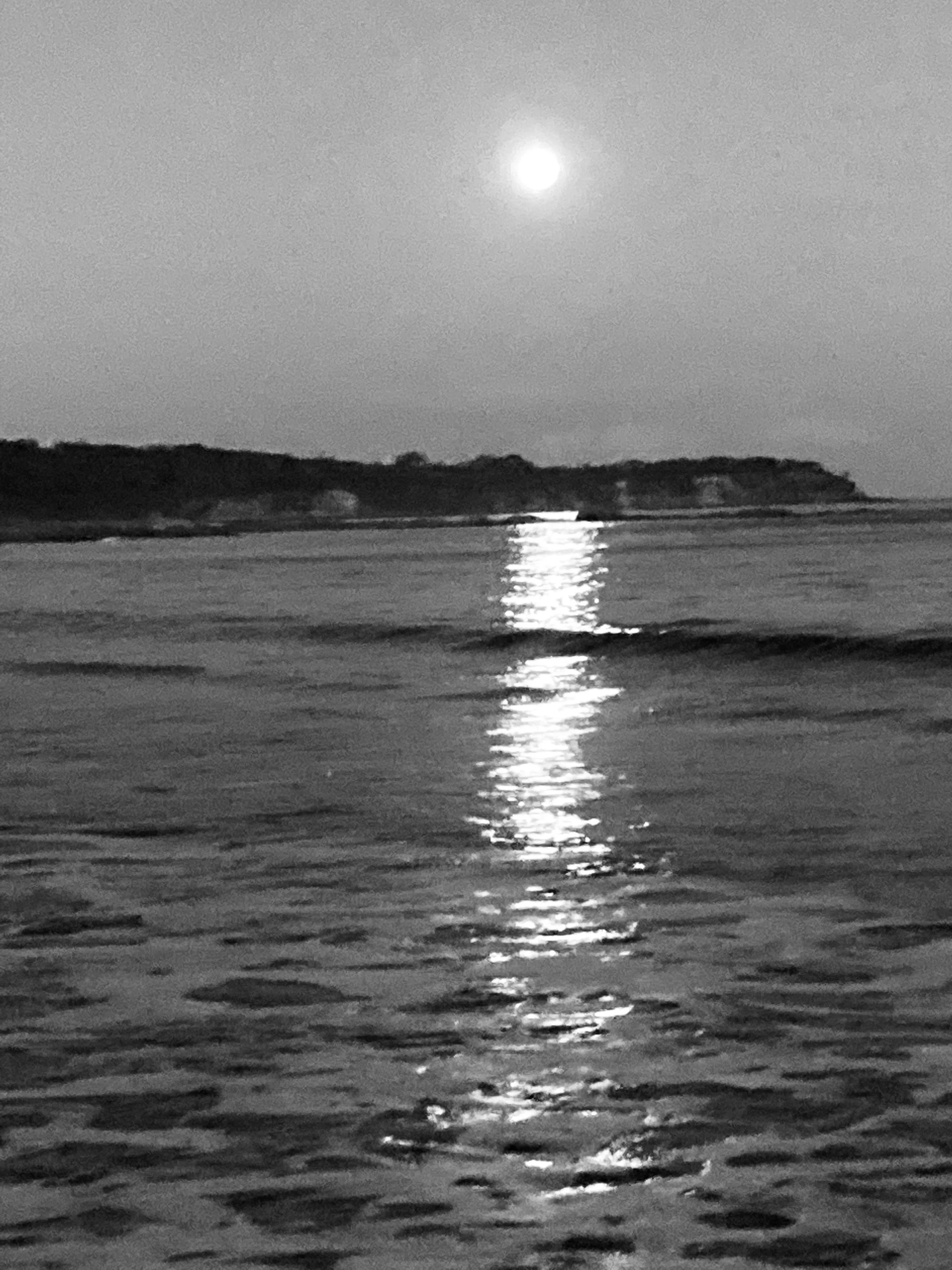 Black and white photo of a moonlit ocean with a landmass in the distance, the moon's reflection shimmering on the water.