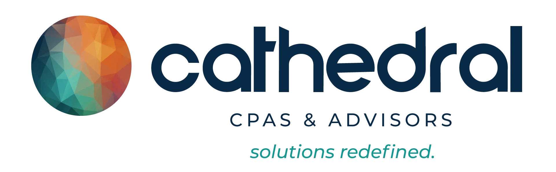 Logo for Cathedral CPAs & Advisors, featuring a multicolored geometric sphere and the tagline 'solutions redefined.'