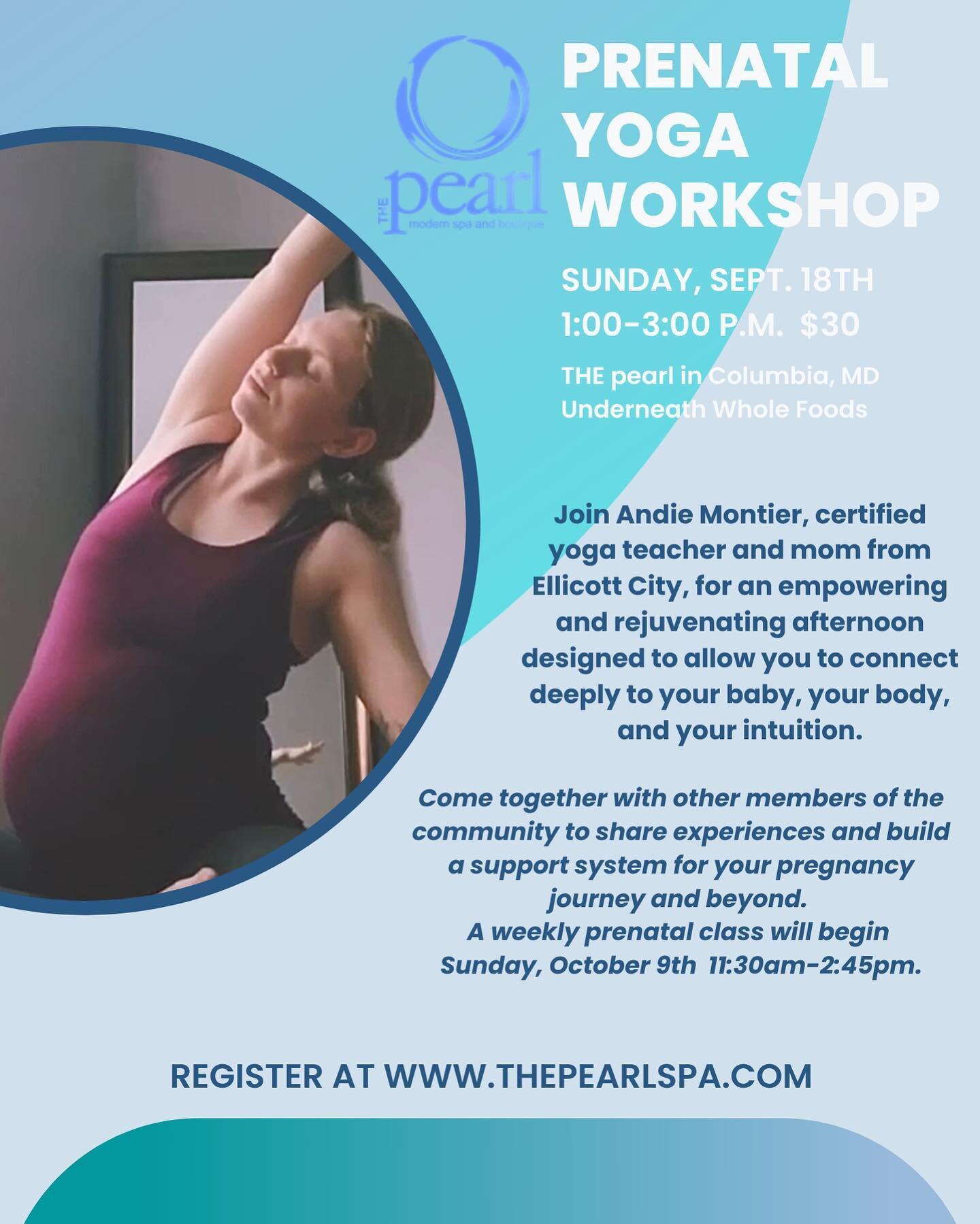 Prenatal yoga workshop coming to @thepearlspa Sunday, September 18th from 1-3pm! Please feel free to share this post and pass along to anyone you know who is expecting. 😊 Workshop description below! 

Join Andie Montier, a 500+ hour certified yoga t