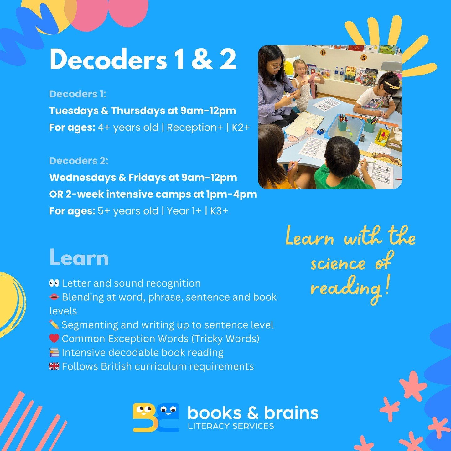 What you can expect in our Decoders 1 &amp; 2 Summer Programmes! 

Chat with us via Whatsapp to sign up or find more details through the website via link in bio @booksandbrainshk

💯Reading and Writing Skills = Confidence
🧠 Learning with the Science