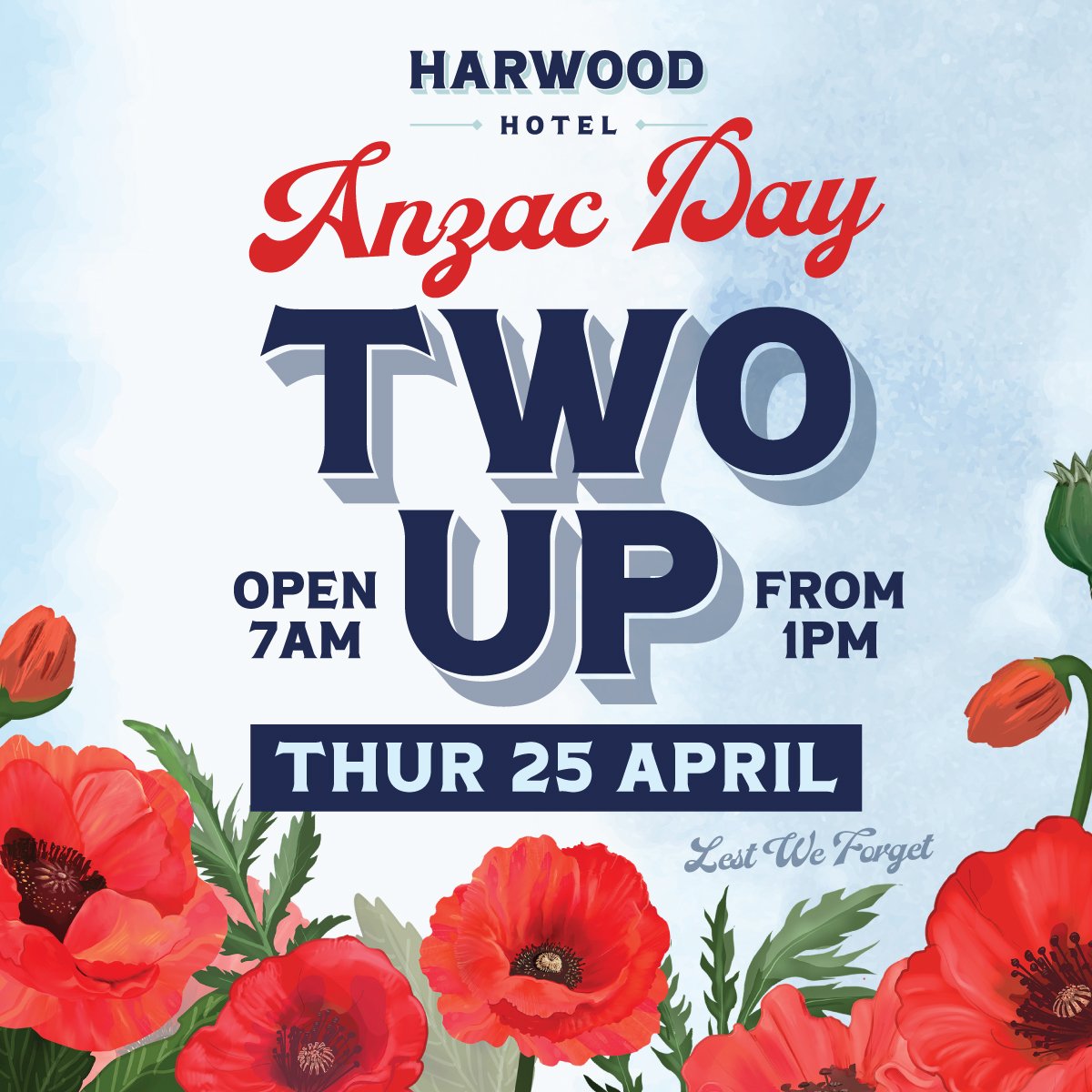 Commend the ANZAC spirit with us at Harwood Hotel this ANZAC Day!

From 7am, join in the solemnity and respect, then experience the excitement of 2-Up from 1pm.

Let's honour our heroes together in a day filled with remembrance and camaraderie.

Make
