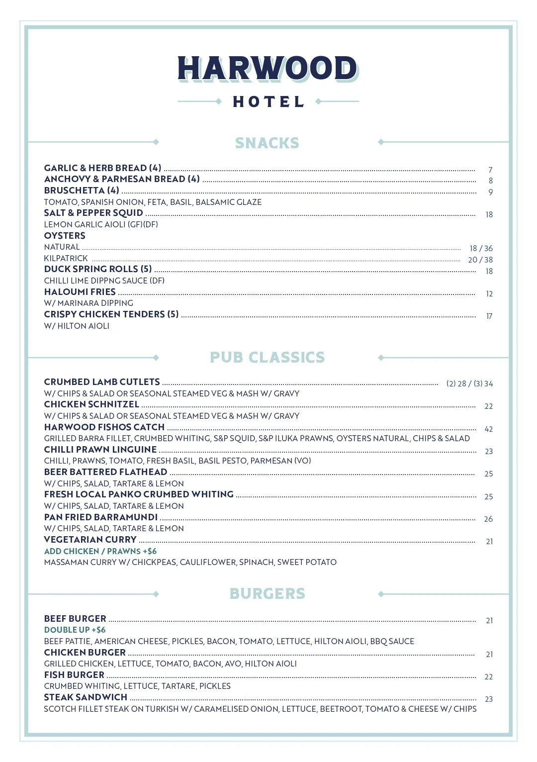 Menu — Harwood Hotel