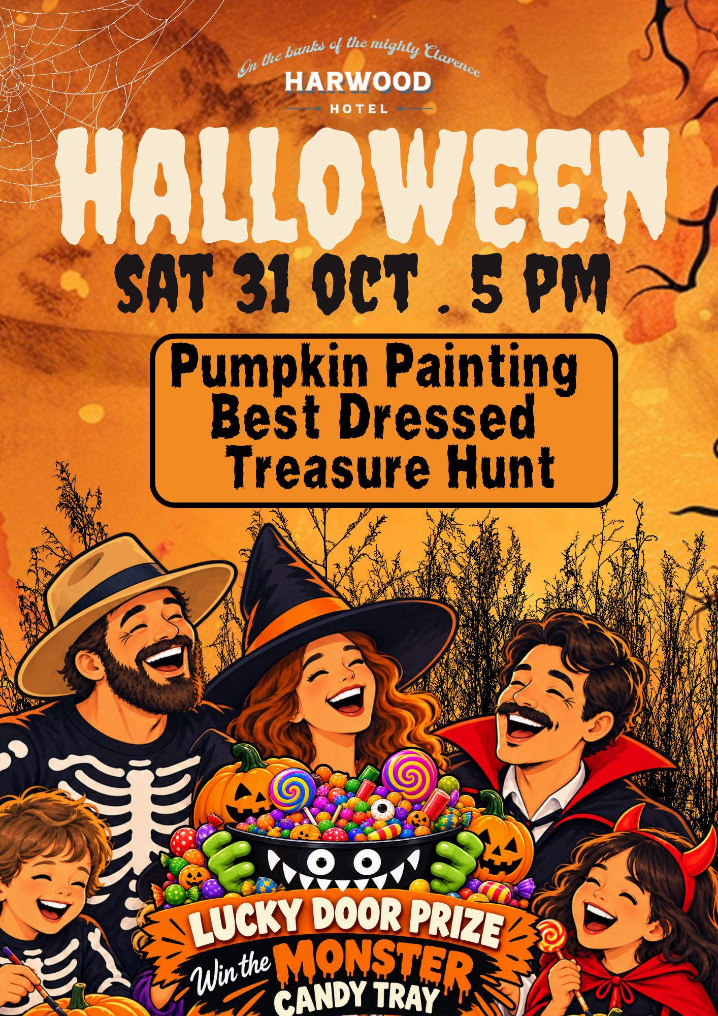 Halloween event poster with cartoon people dressed in costumes, including a skeleton, witch, vampire, and devil, around a large jar filled with colorful candies and Halloween pumpkins. The poster advertises a Halloween celebration on October 31 at 5 PM at the Harwood Hotel, featuring pumpkin painting, best dressed contest, and treasure hunt.