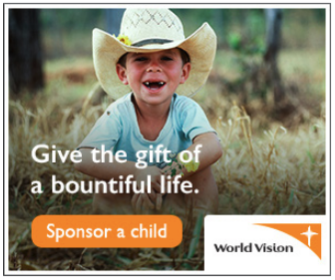 An image of a boy in a cowboy hat with the text, Give the gift of a bountiful life, sponsor a child