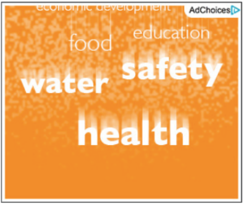 The words food, education, water, safety, and health appear