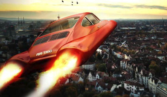 A flying car flies over the city