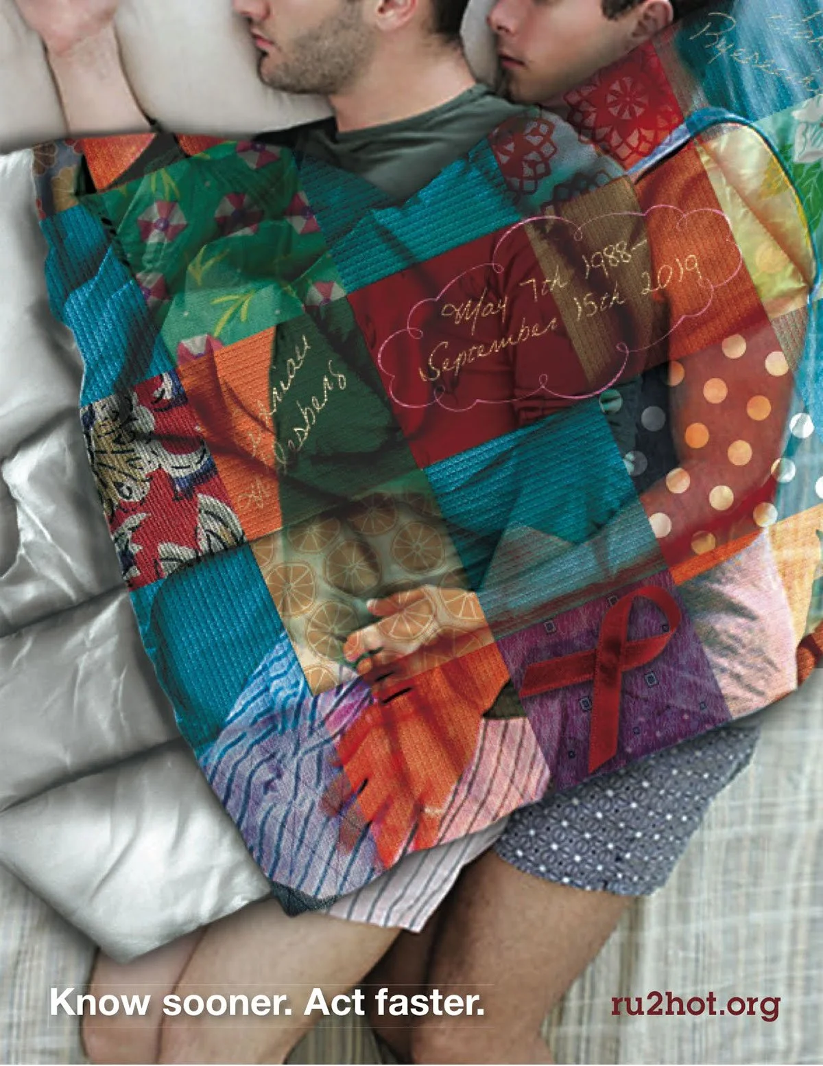 Two men sleeping under an AIDS quilt