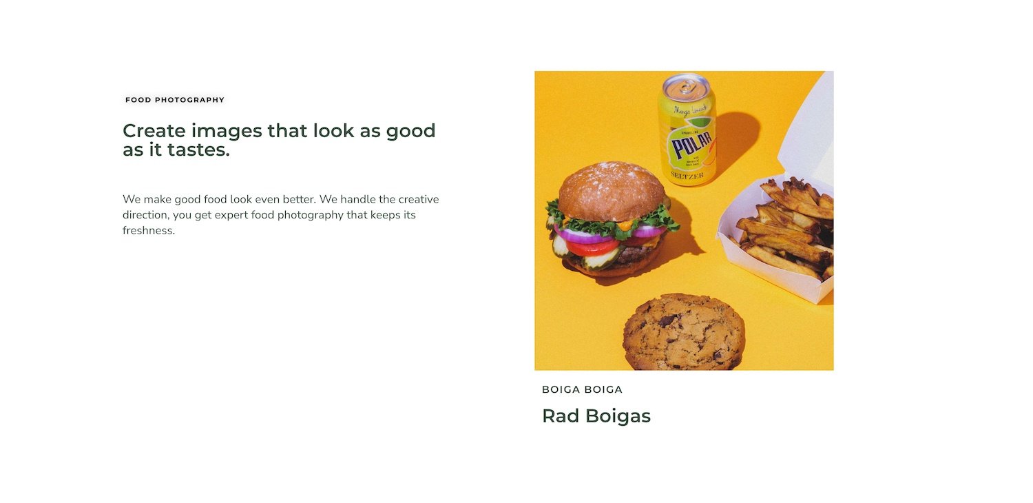 Food photography service description block with Boiga Boiga case study example on Bridge City Media's Brand Photography page.