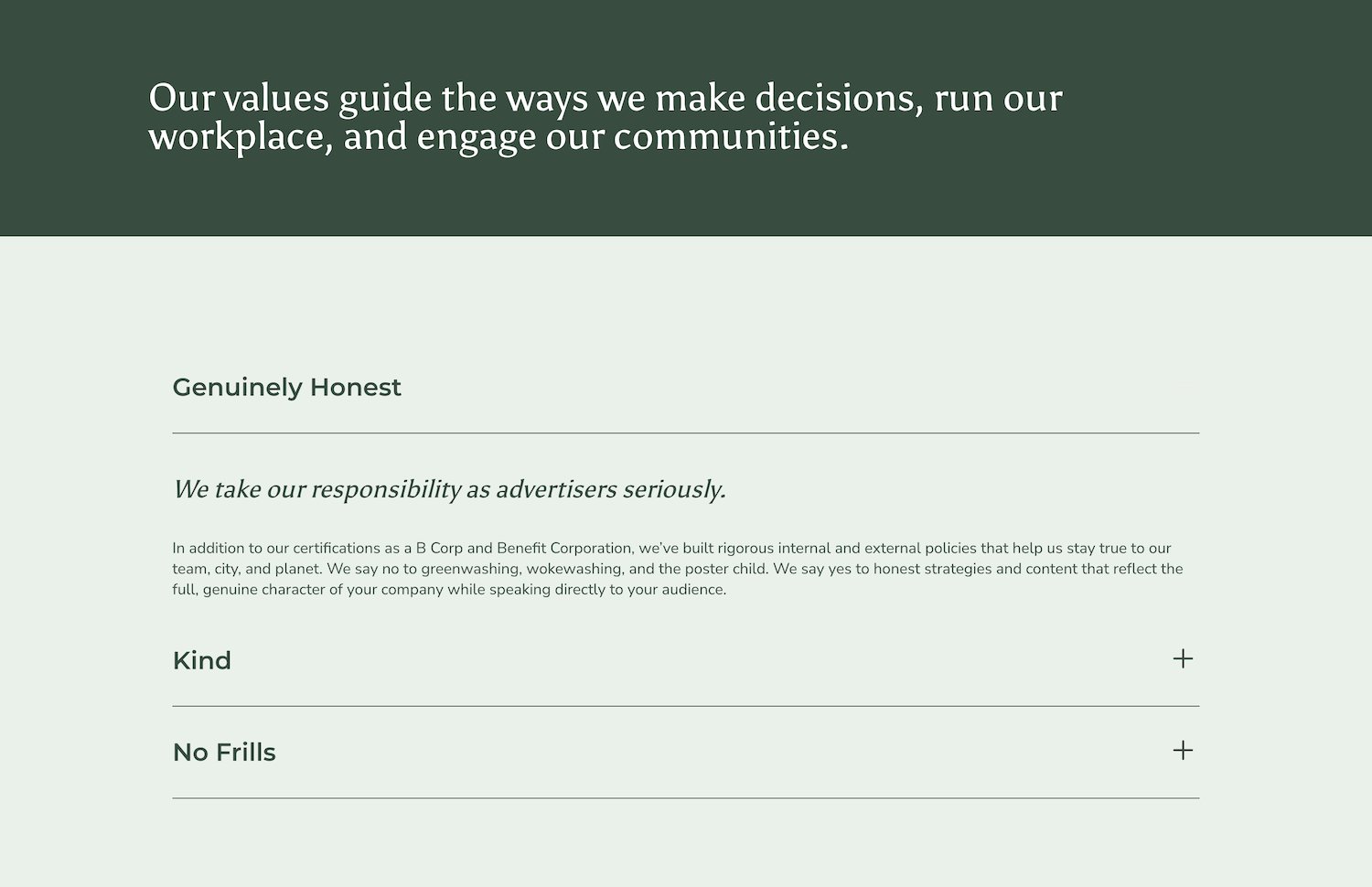 Description of values and commitments on Bridge City Media's About page.