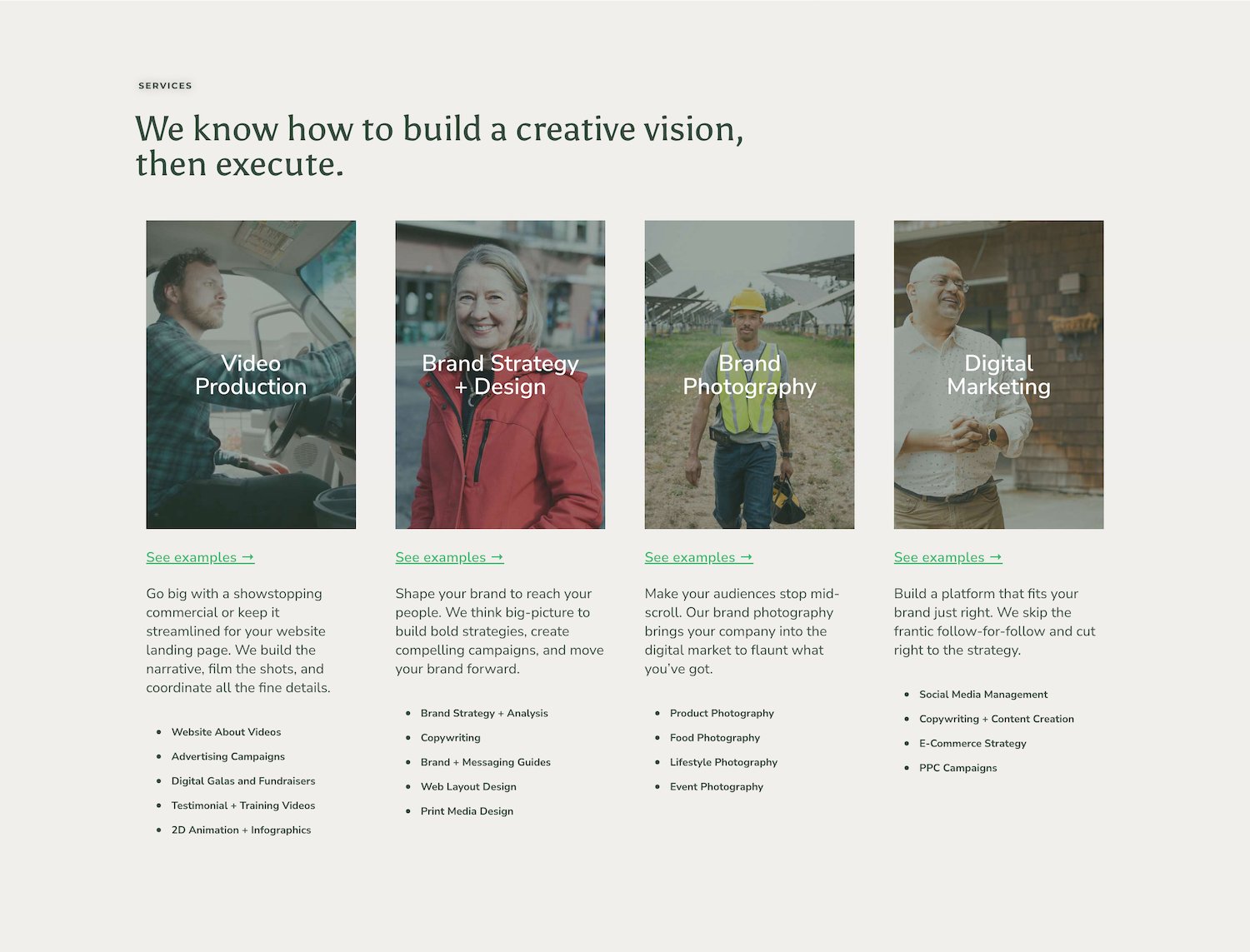 Services highlight block on Bridge City Media's homepage.