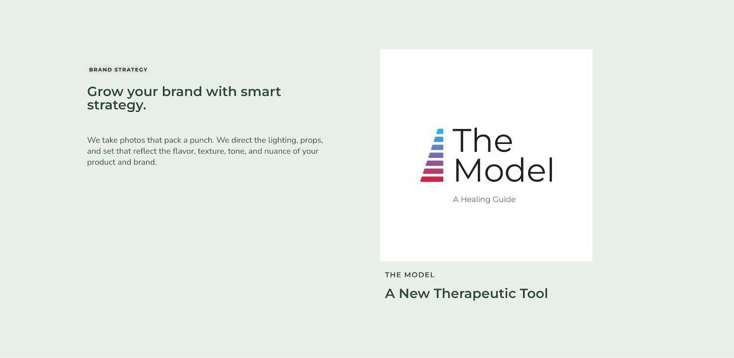 Brand strategy service description block with The Model case study example on Bridge City Media's Brand Strategy + Design page.